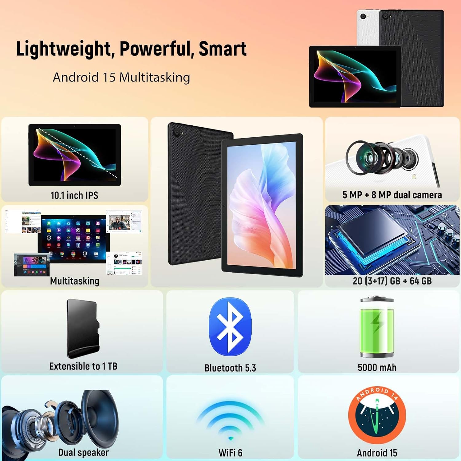 Android 14 Tablet, 10.1 inch Tablets with 1280 * 800 IPS HD Touchscreen, Octa-Co...