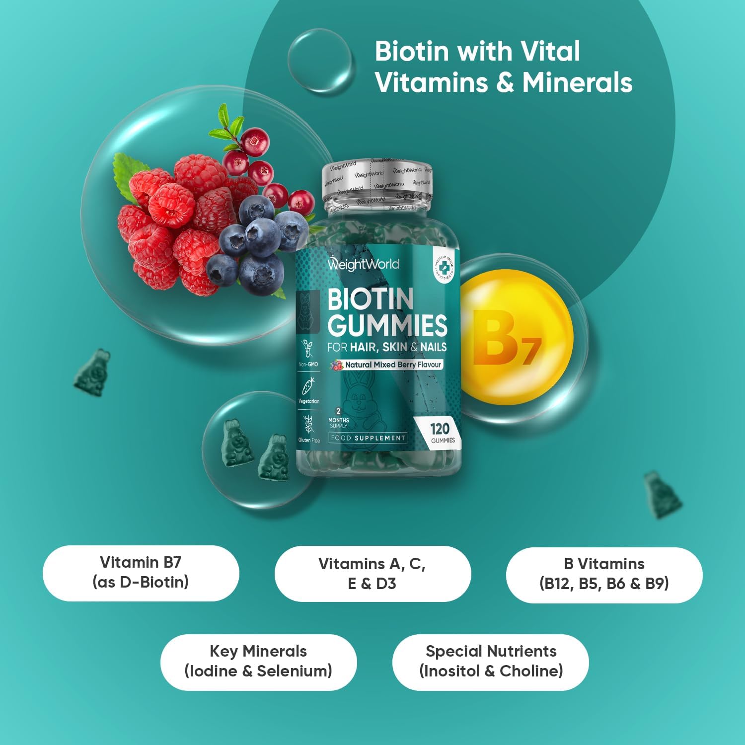Biotin Gummies - 120 Chewable Gummies - B7 Vitamin with 8 Key Vitamins & 4 Nutri...