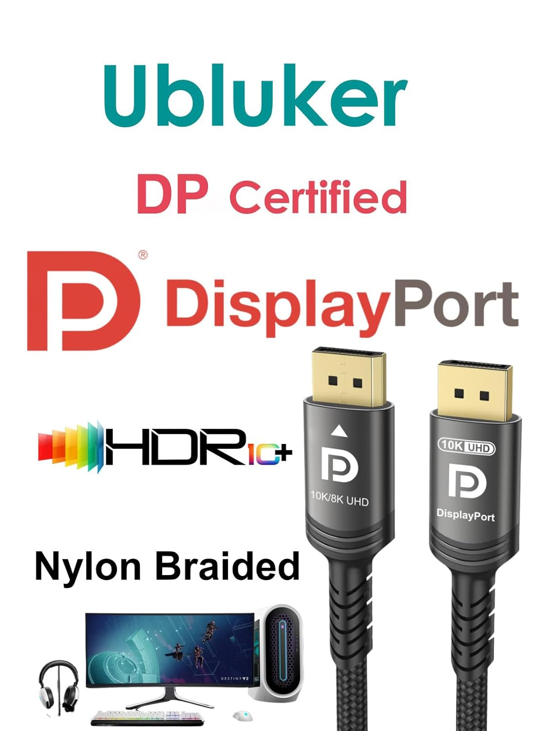 High-Quality Ubluker 10K 8K DisplayPort 2.1 Cable, Special Certified DP to DP Co...