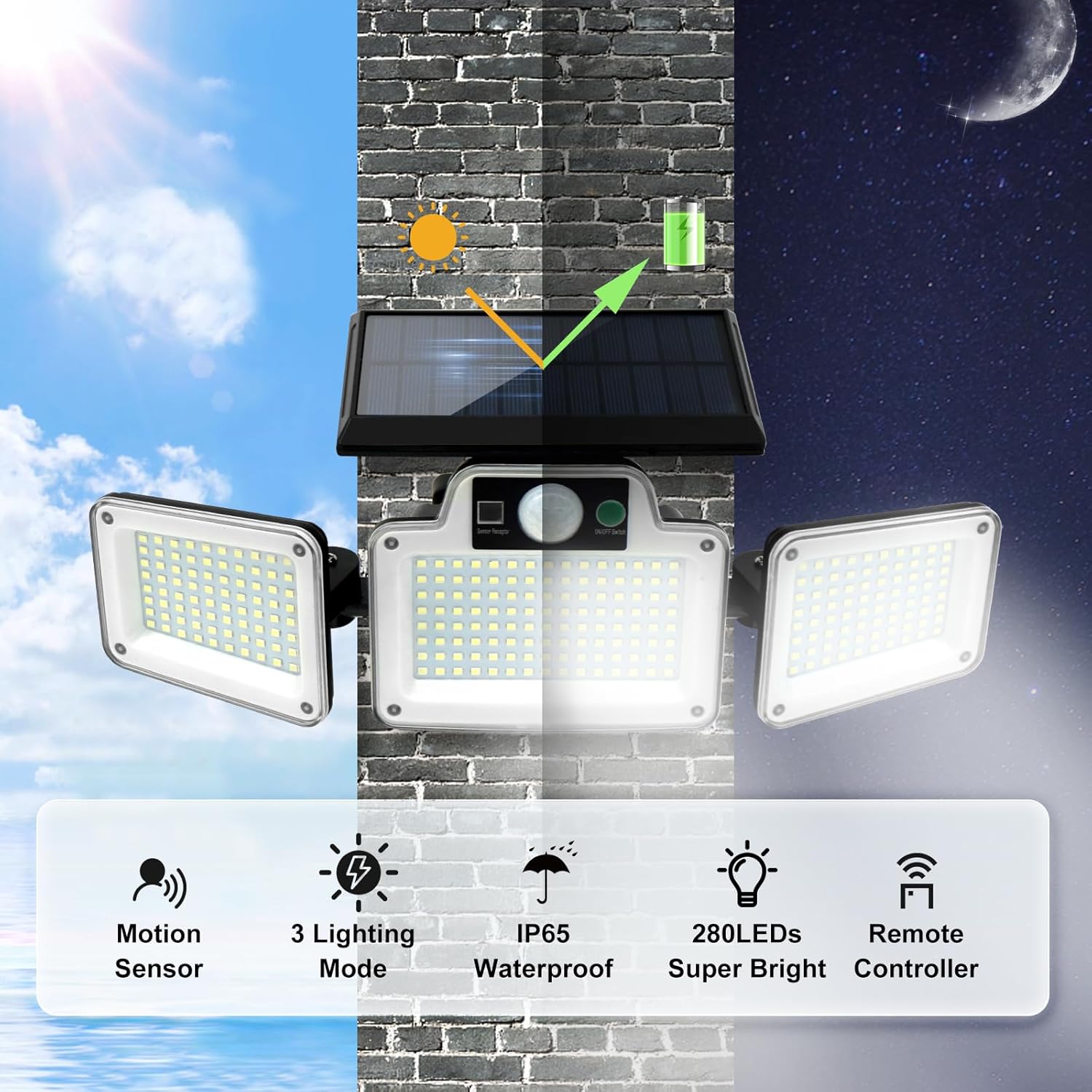 280 LED Solar Flood Lights Outdoor, 3 Adjustable Heads Solar Lights Outdoor Gard...