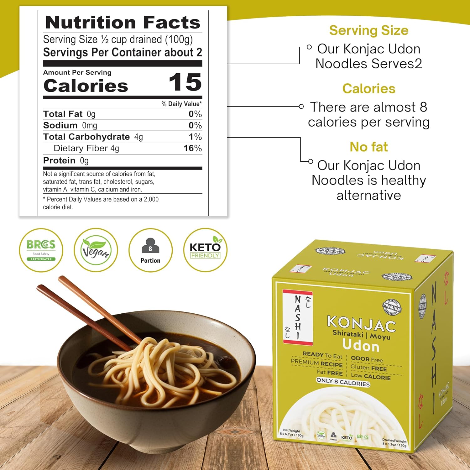 Nashi Konjac Shirataki Premium Udon Noodles (8×190g) | Odour-Free Low Calorie No...