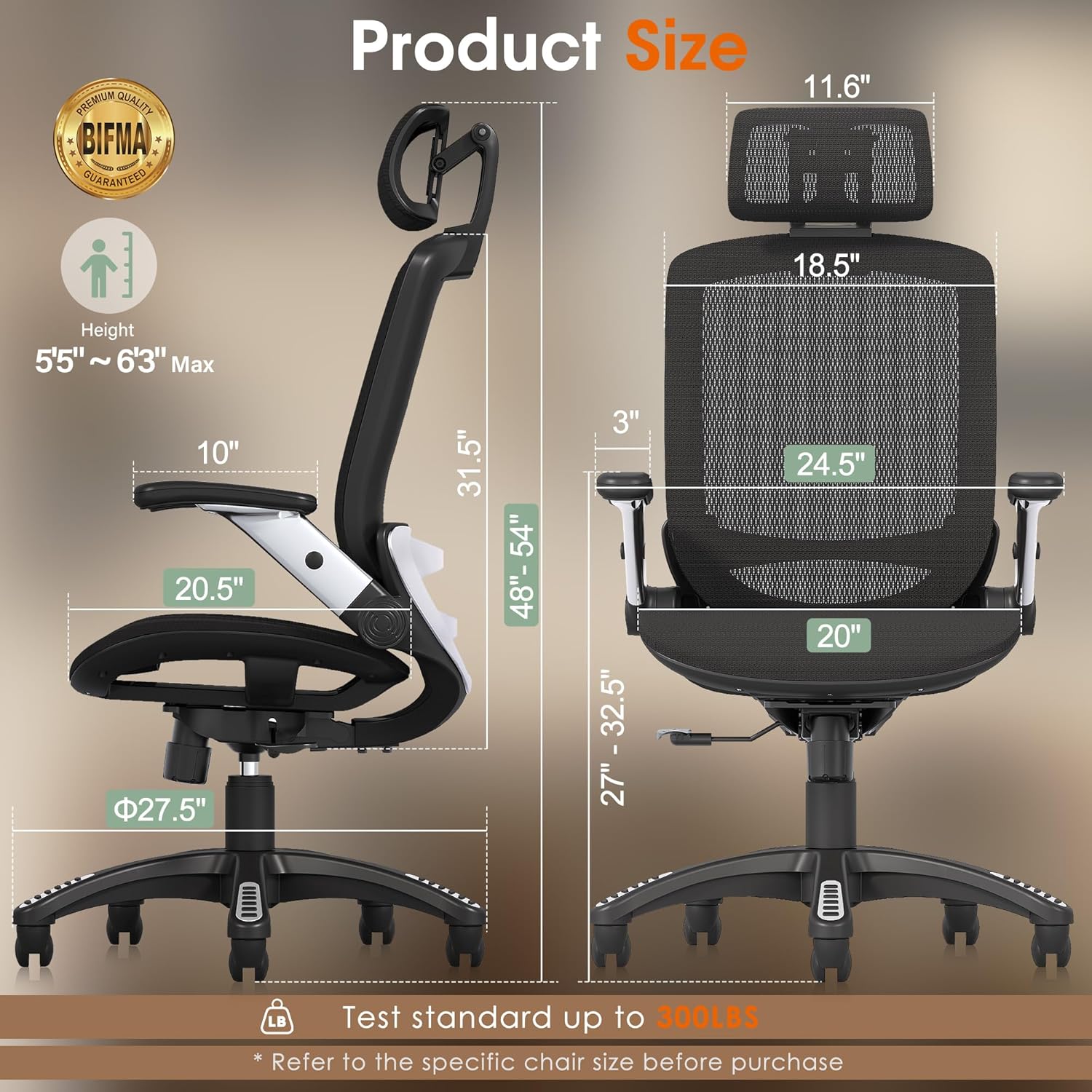 GABRYLLY Ergonomic Office Chair, High Back Home Desk Chair with Headrest, Flip-U...