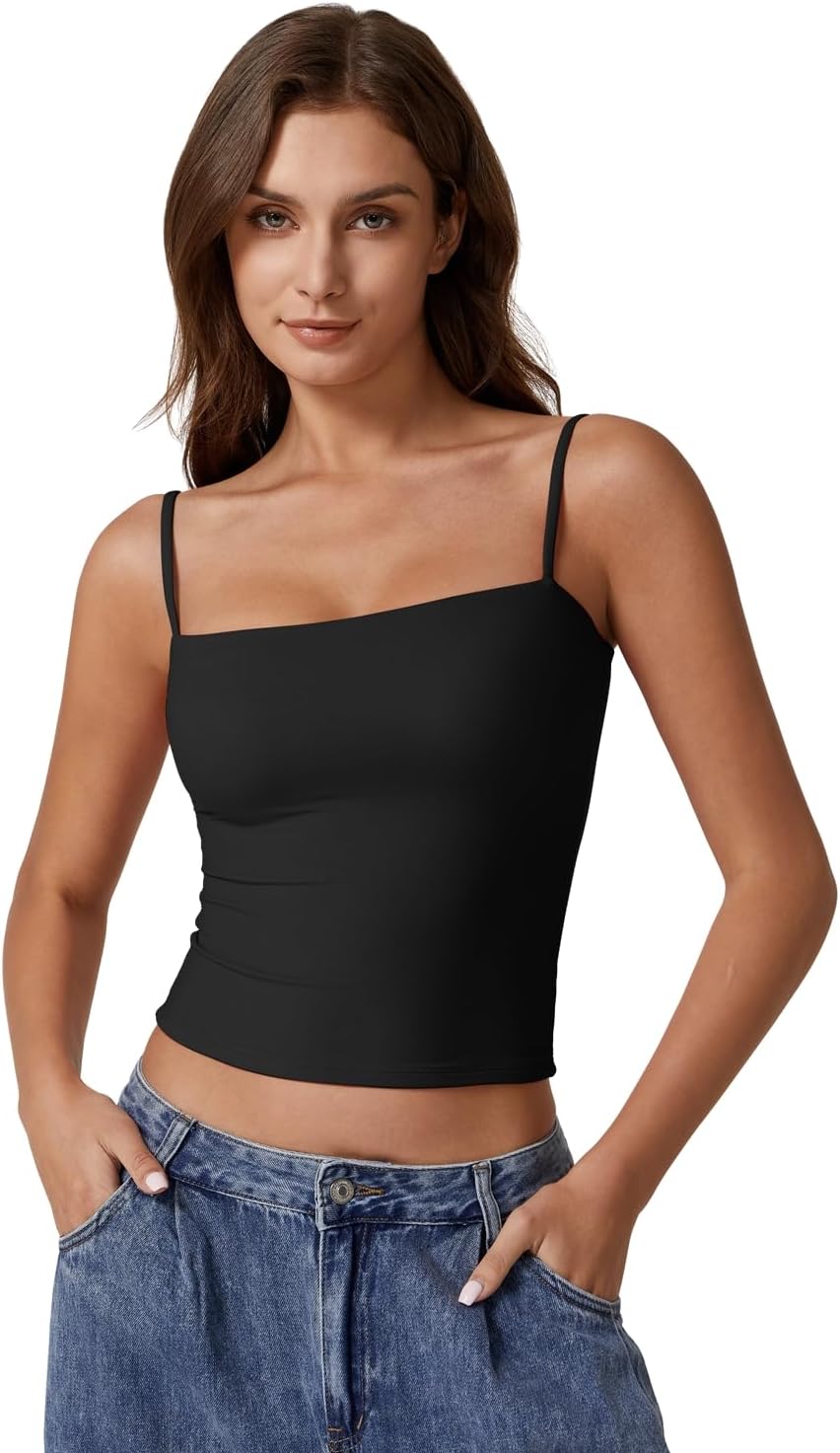 QINSEN Women's Double Lined Basic Tank Top Adjustable Spaghetti Straps Sleeveles...