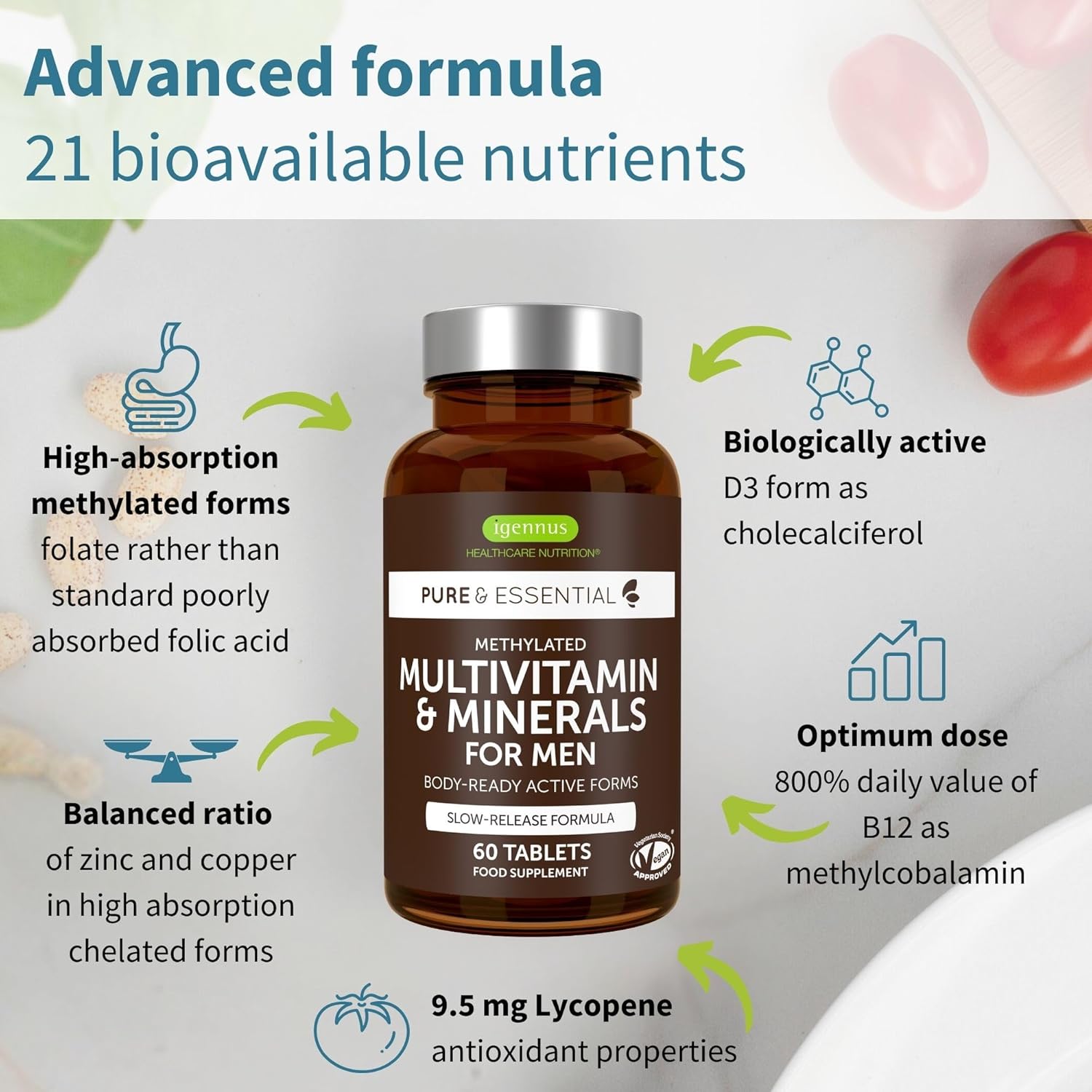 Igennus Methylated Men's Multivitamin, 21 Actives, Clean Label, All Day Nutrient...