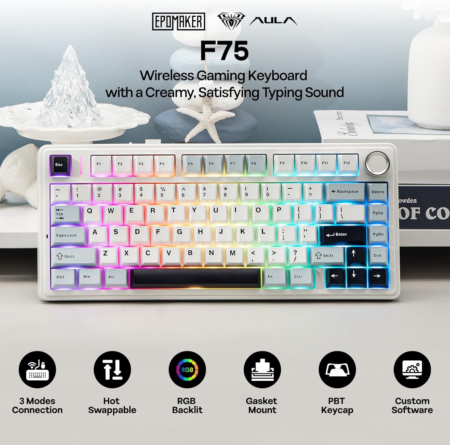 EPOMAKER AULA F75 Wireless Mechanical Gaming Keyboard, 75% Layout with Knob, Cre...