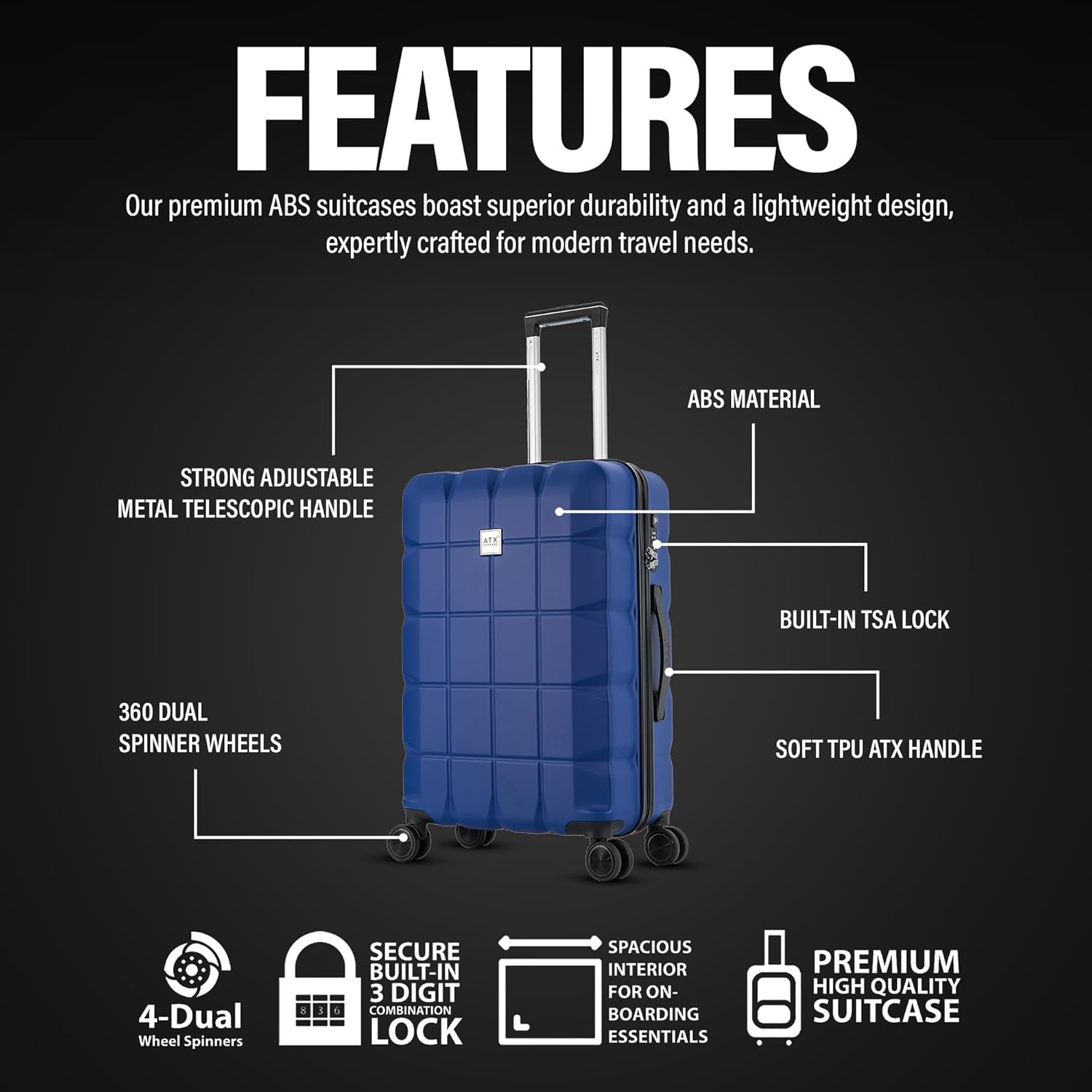 ATX Luggage Suitcase Large Hardshell 4 Dual Spinner Wheels Super Lightweight ABS...