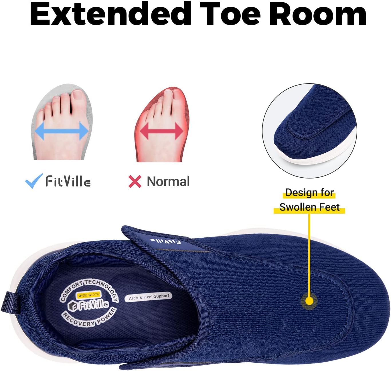 FitVille Mens Extra Wide Fit Diabetic Shoes Easy Slip On Adjustable Orthopedic S...