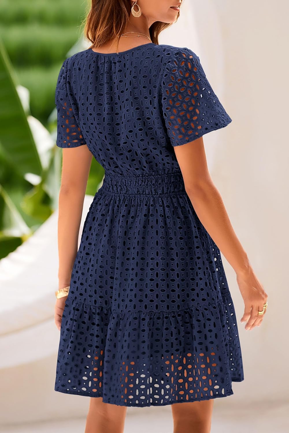PRETTYGARDEN Womens 2026 Summer Short Dress V Neck Short Sleeve A Line Hollow Ou...
