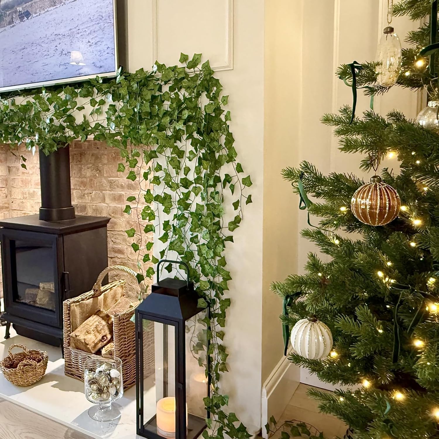 CQURE 12Pcs 84Ft Artificial Ivy Garland,Ivy Garland Fake Vines UV Resistant Gree...