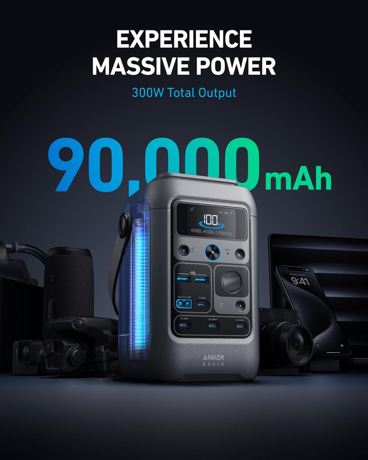 Anker SOLIX C300 DC Power Bank Station, Outdoor 288Wh Portable Power Station, Li...