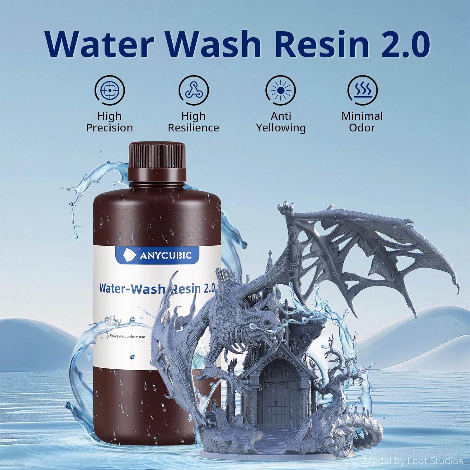 ANYCUBIC Water Washable 2.0 3D Printer Resin, 405nm High Precision and Anti-Yell...