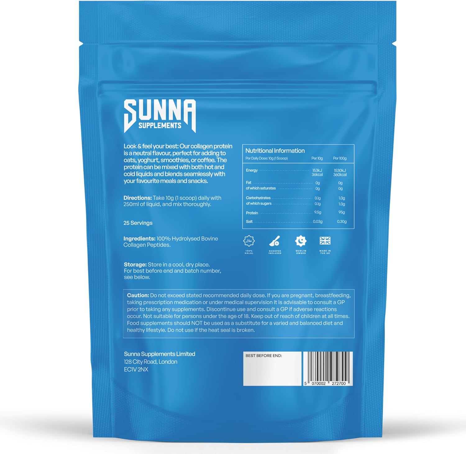 SUNNA SUPPLEMENTS - Halal Bovine Collagen Protein Powder for Hair Skin Nails and...