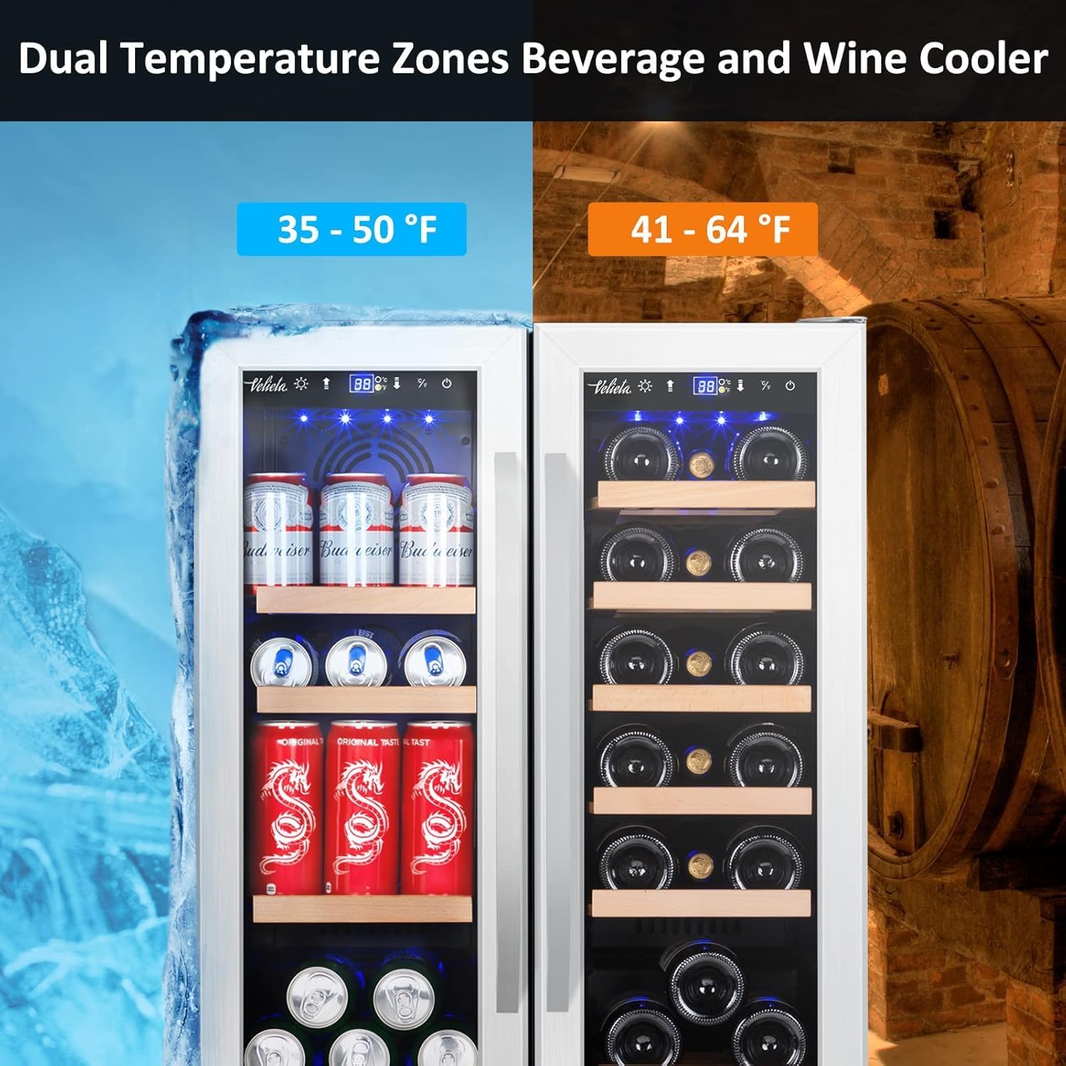 Wine and Beverage Refrigerator, 24 Inch Dual Zone Fridge with Glass Door, Built-...