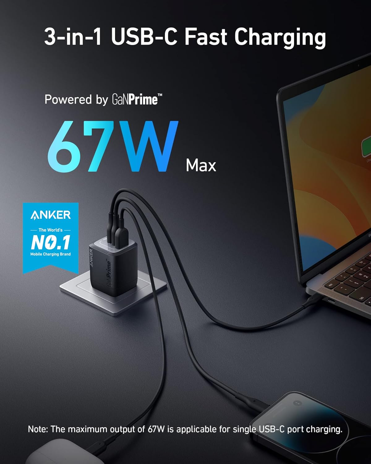 Anker Prime 67W USB C Charger, Anker GaN Wall Charger, 3-Port Compact Fast PPS C...