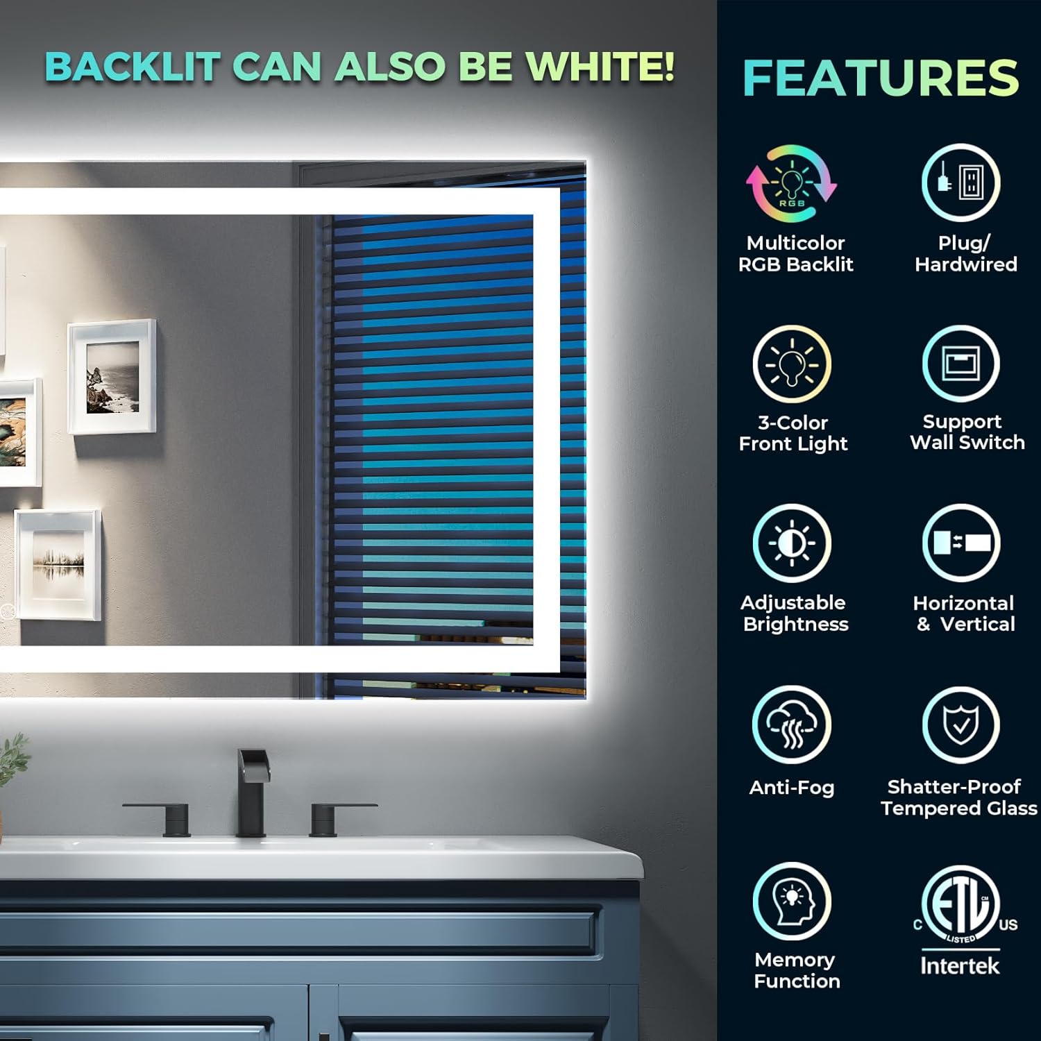 80x40 Inch Bathroom Mirror, Special RGB LED Vanity Mirror for Stunning Front Lig...