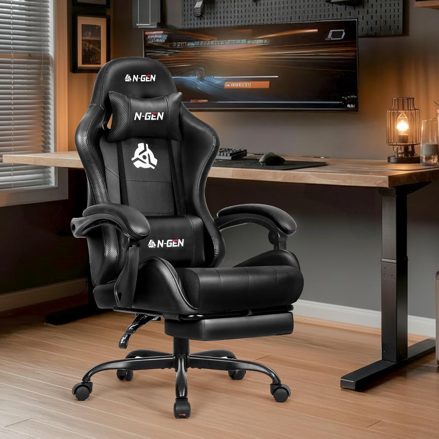 N-GEN GAMING Video Gaming Chair with Footrest Lumbar Support for Home Office Hig...