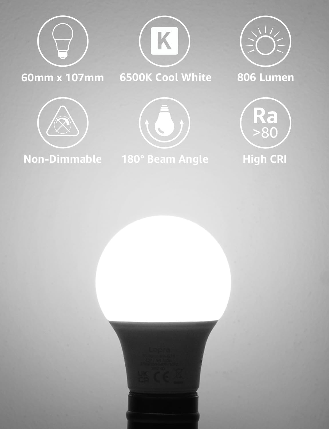 Lepro E27 Screw Bulb, Cool White 6500K, 60W Equivalent E27 LED Bulb, 8.5W 806lm...