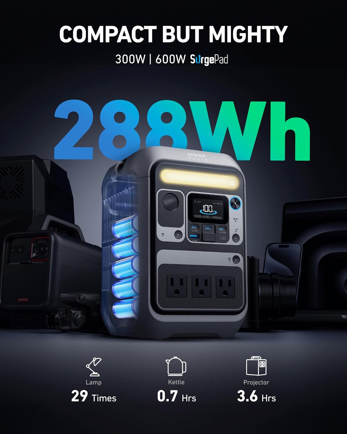 Anker Portable Power Station SOLIX C300, 288Wh LiFePO4 Battery, 300W (600W Surge...