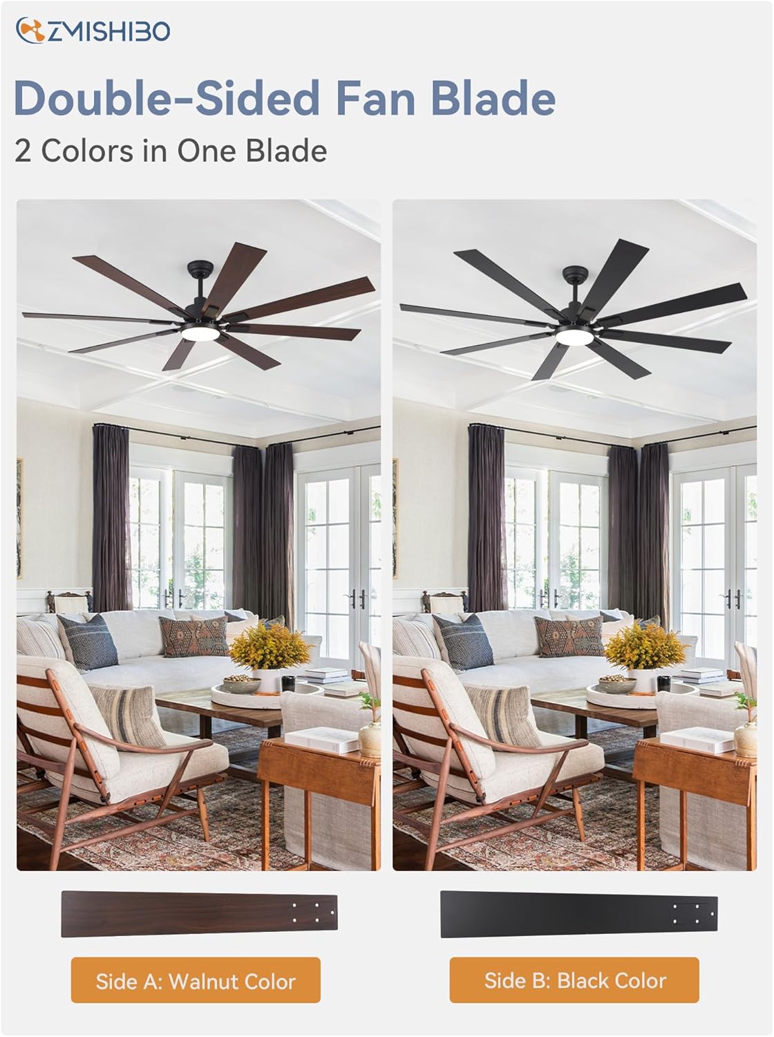 ZMISHIBO 72 inch Large Ceiling Fans with Lights and Remote, Indoor/Outdoor Black...