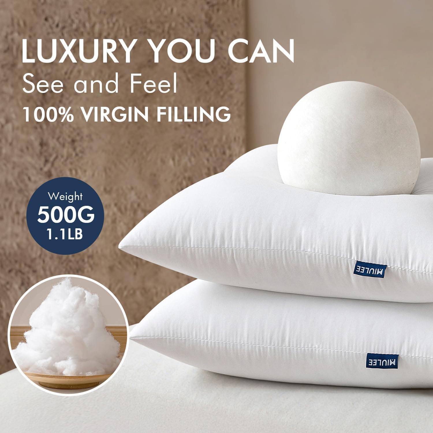 MIULEE Throw Pillows Inserts, Pack of 2 18x18 Inch 100% Virgin Fiber Filling Bed...