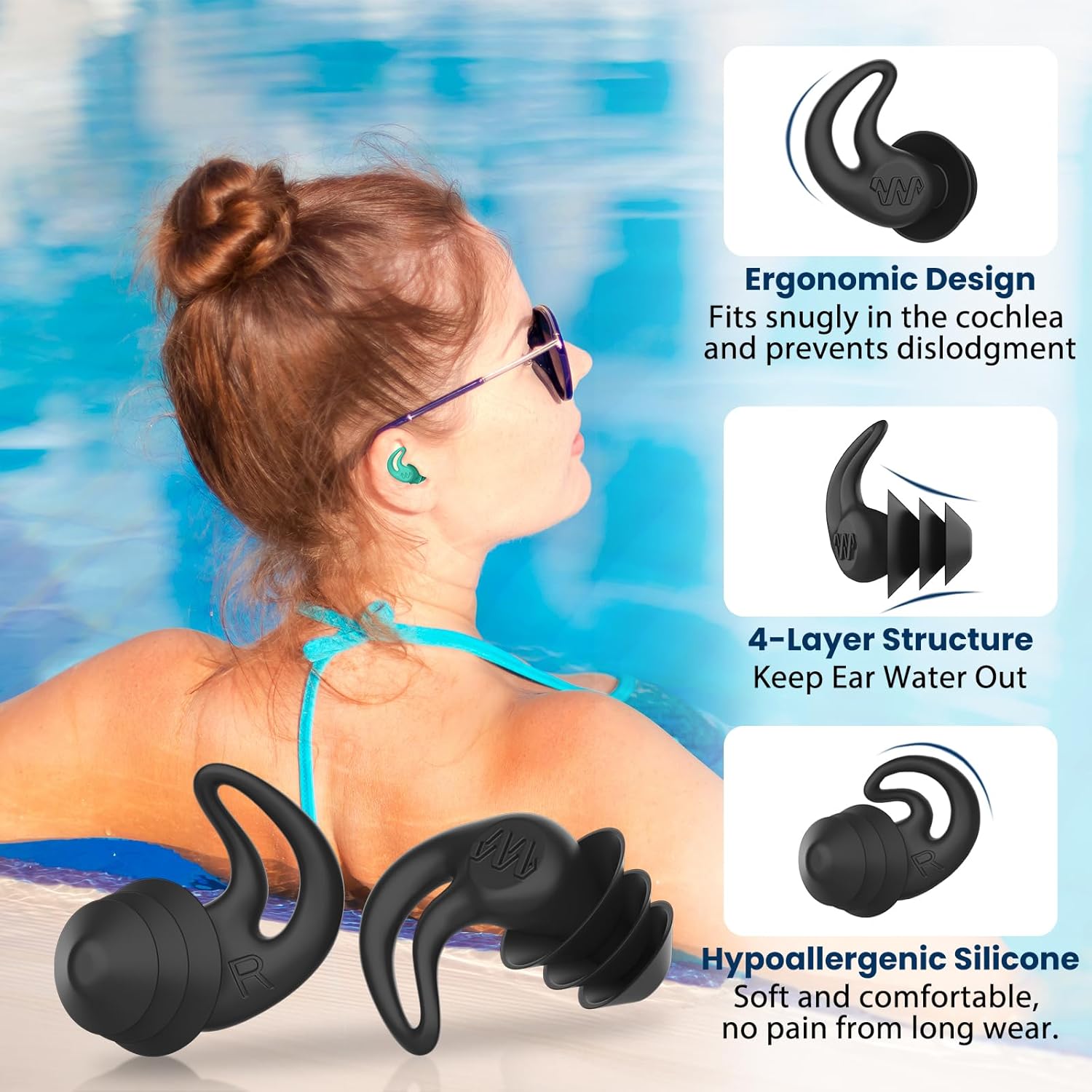 Swimming Ear Plugs for Adults - 4 Pairs Silicone Waterproof Swim Earplugs for Su...