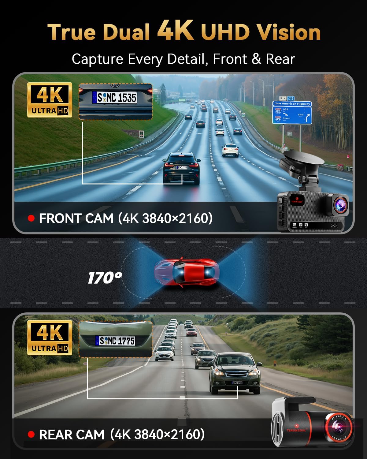 4K+4K Dash Cam Front and Rear, Free 128GB Card Included, 5.8GHz WiFi Dash Camera...