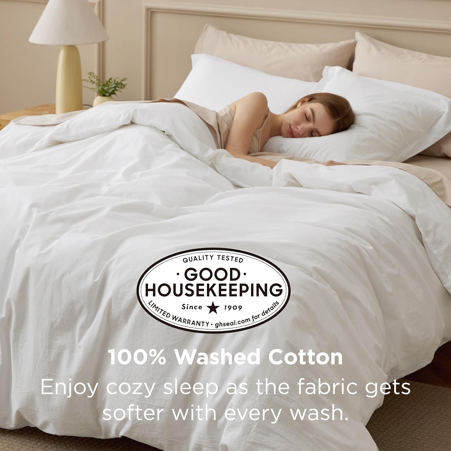 Bedsure 100% Washed Cotton Duvet Cover Queen Size - Natural White Minimalist Bed...