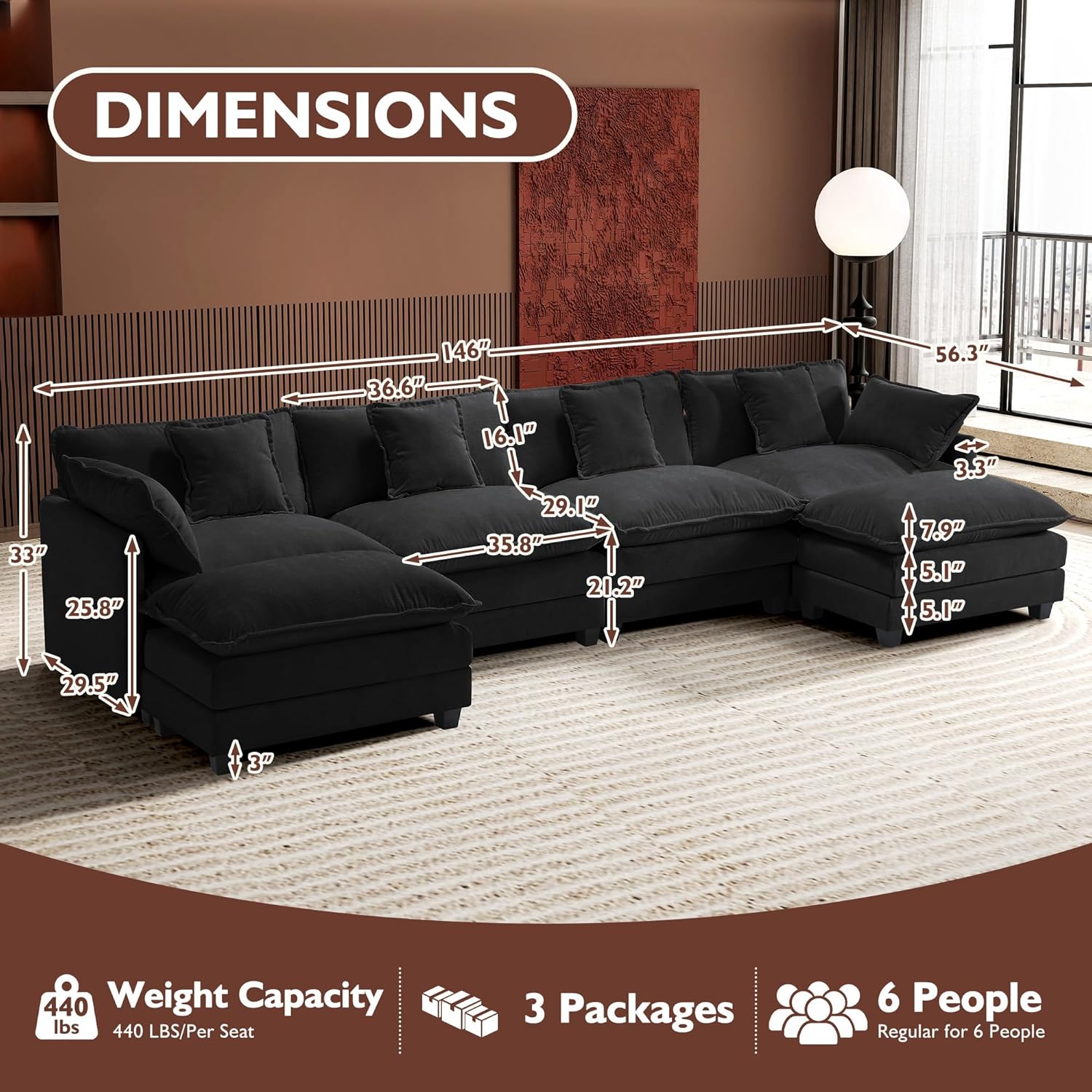 Ihanherry U-Shaped Modern Sofa 146" Modular Sectional Cloud Couch with 2 Ottoman...