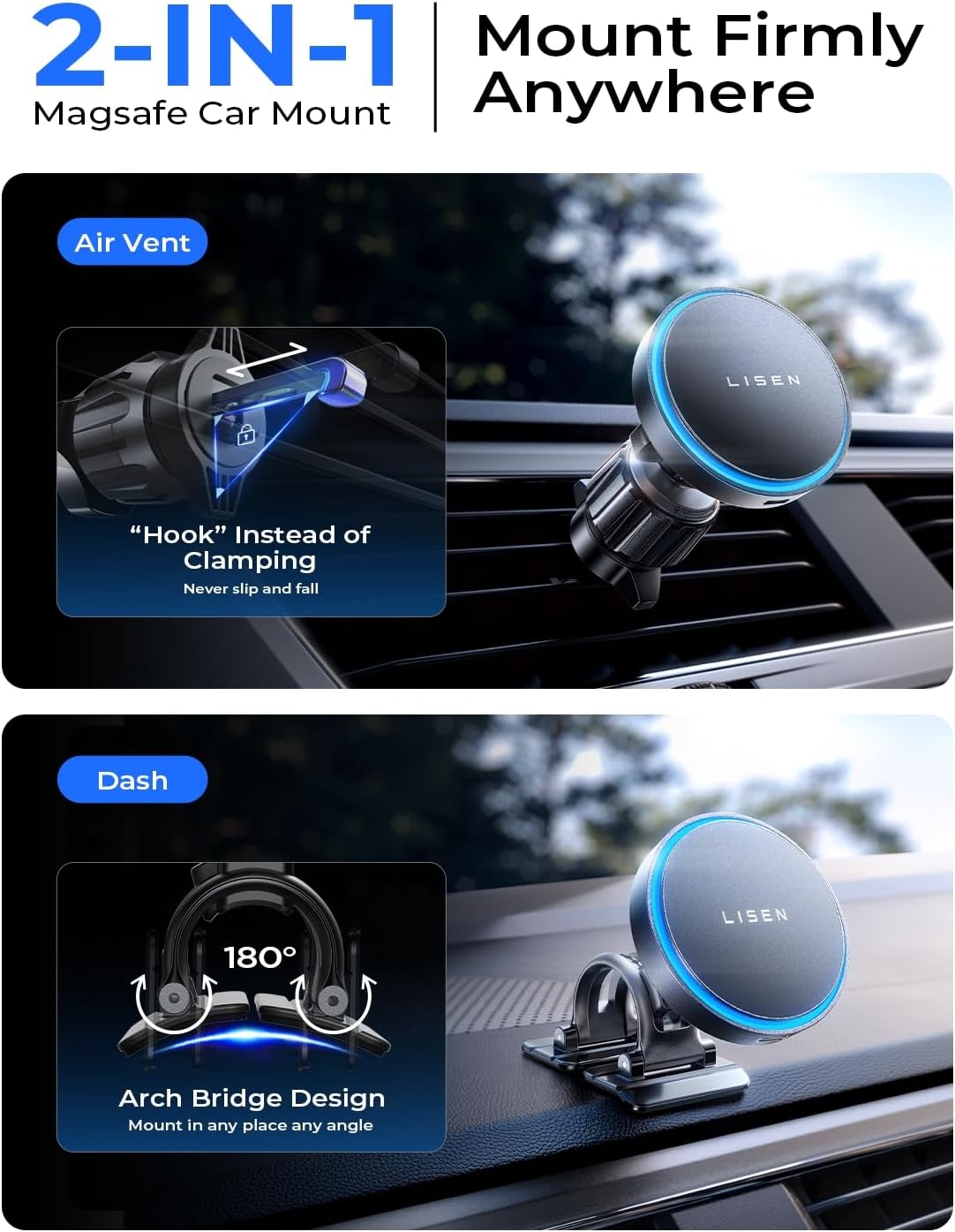 LISEN for Wireless Magsafe Car Mount Charger [15W Top Charge] Car Phone Holder W...