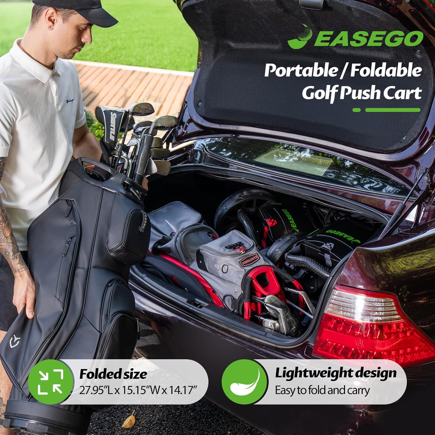 EASEGO Golf Push Cart 3 Wheel : Golf Bag Cart Foldable with Phone Holder/Cup/Umb...