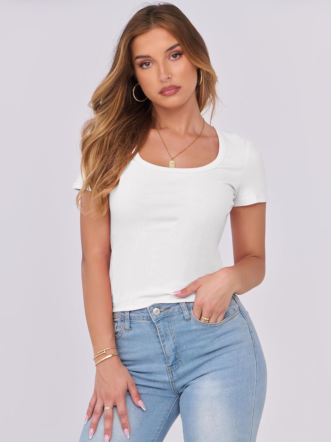 ANRABESS Women Short Sleeve Tops Scoop Neck Ribbed Knit Slim Fitted Basic Tee Sh...