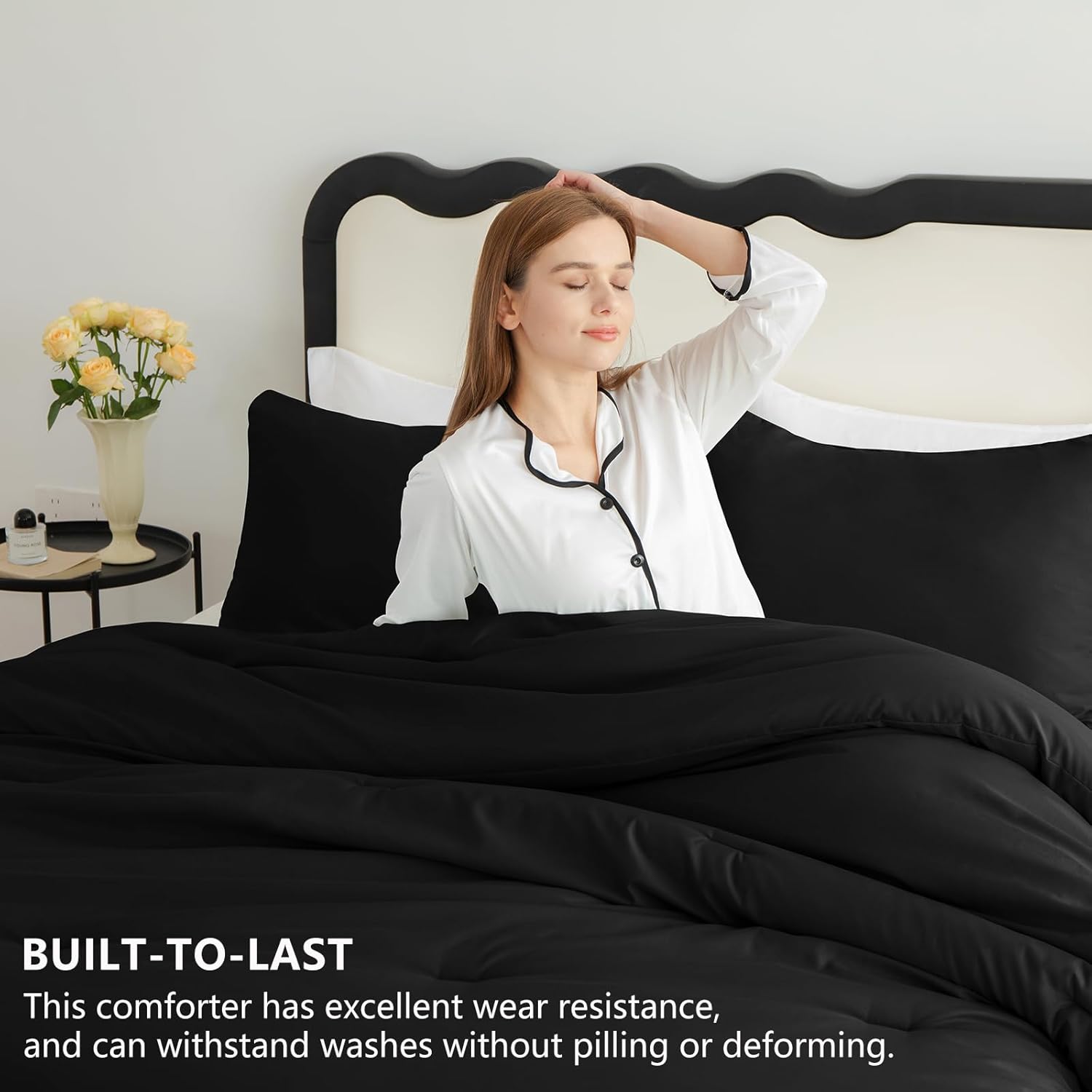 CozyLux King Size Comforter Set Black, 3 Pieces Solid Comforters King Size Breat...