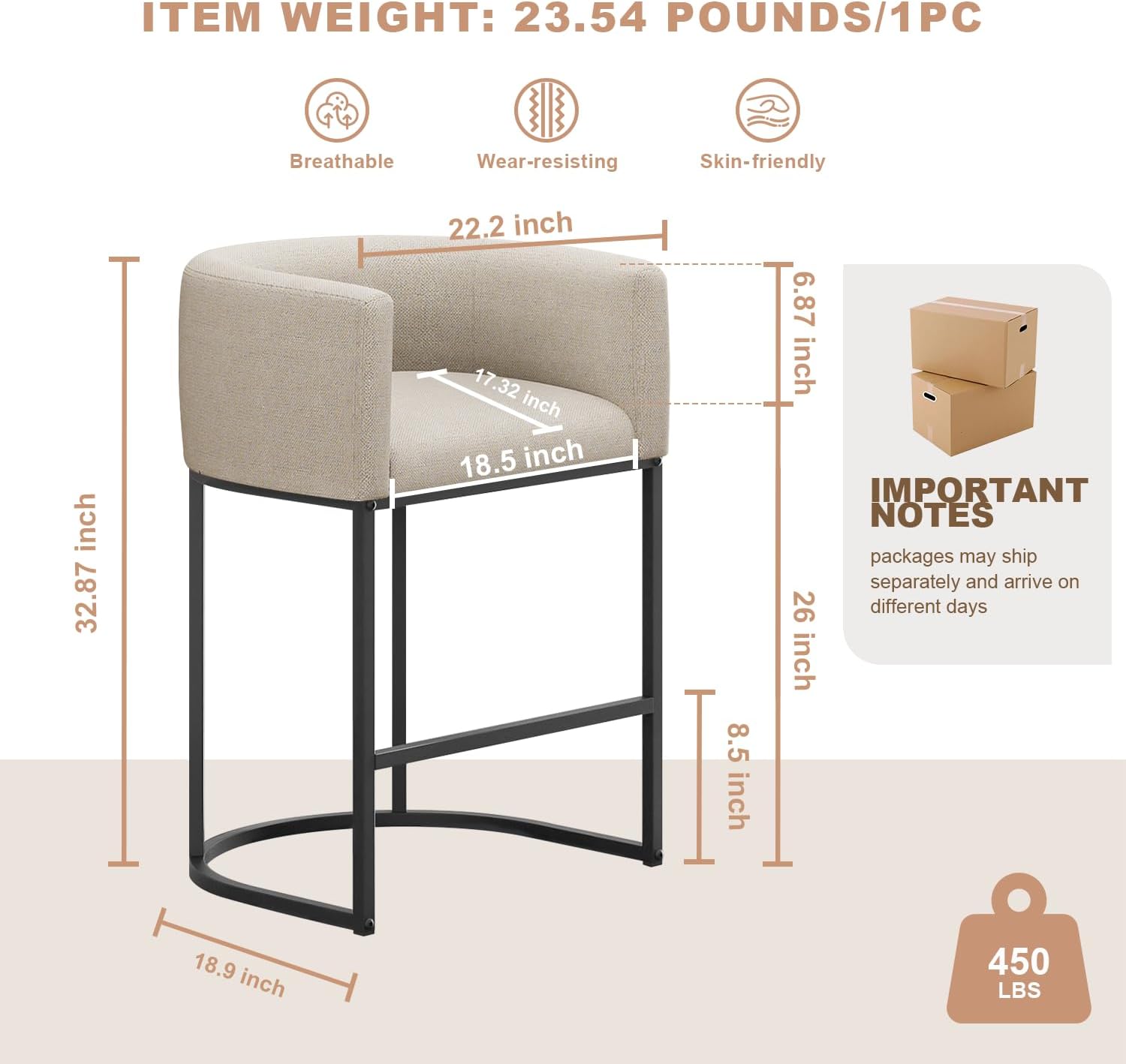 26" H Counter Height Bar Stools Set of 3, Modern Barrel Counter Stools with Back...