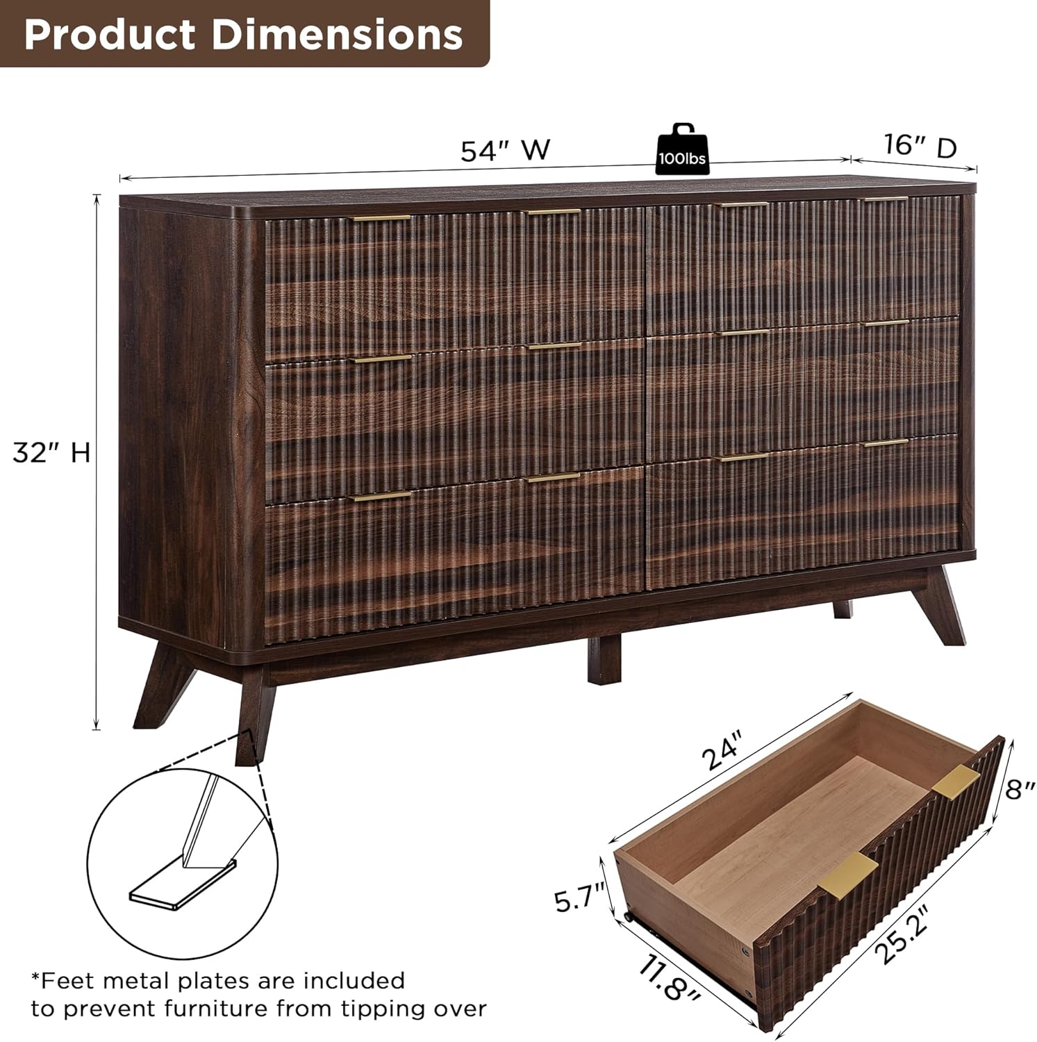T4TREAM Fluted 6 Drawers Dresser, 54" Wide Modern Chest of Drawers, Curved Profi...