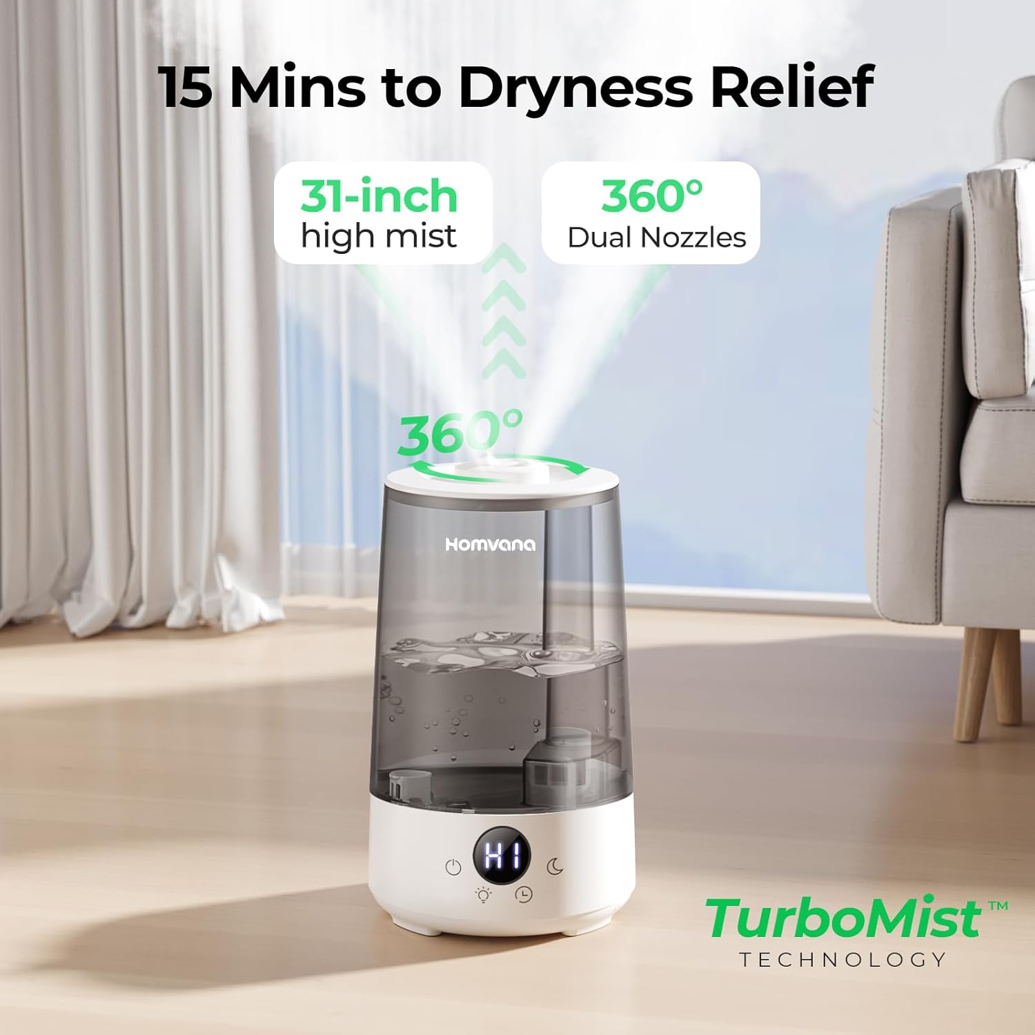 Homvana Humidifiers for Bedroom Home, 3.6 L Cool Mist Top-Fill 34H Super Long Ti...