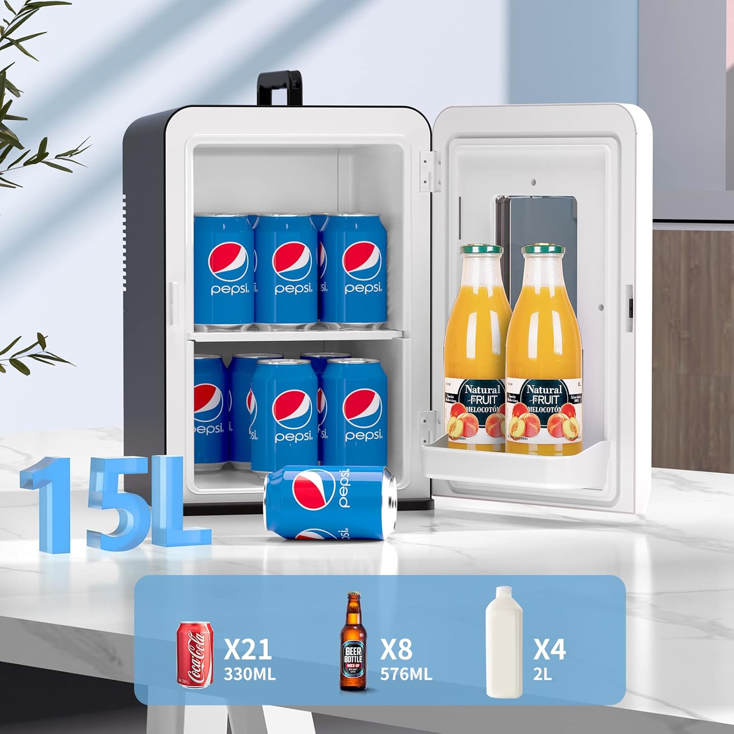 Mini Fridge 15 Liter/21 Cans, Upgrade Portable AC+DC Power Small Fridge for Bedr...