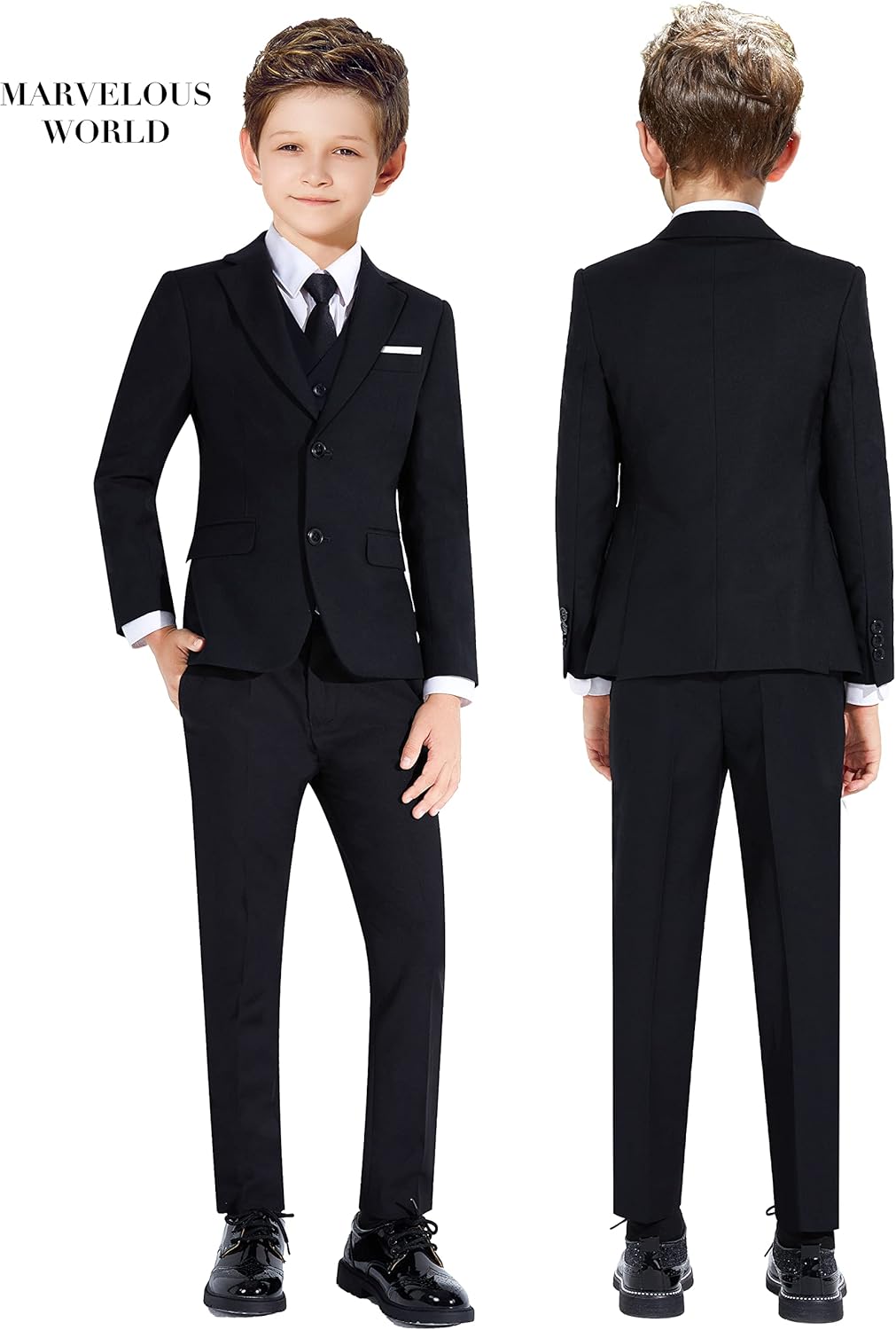 Marvelous World Boys' Formal Slim Fit Suit Set, Adjustable Waist 14 5pc Black