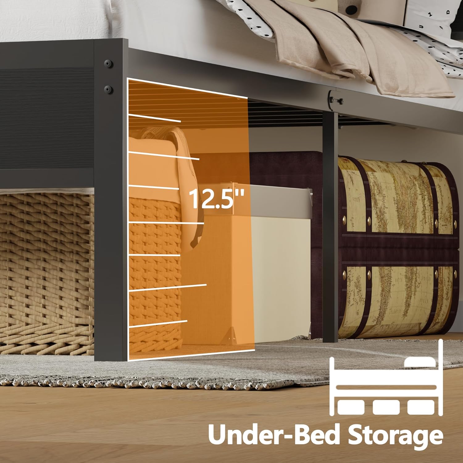 Furnulem Full Size Bed Frame with LED Light and Charging Station, Wood Storage H...