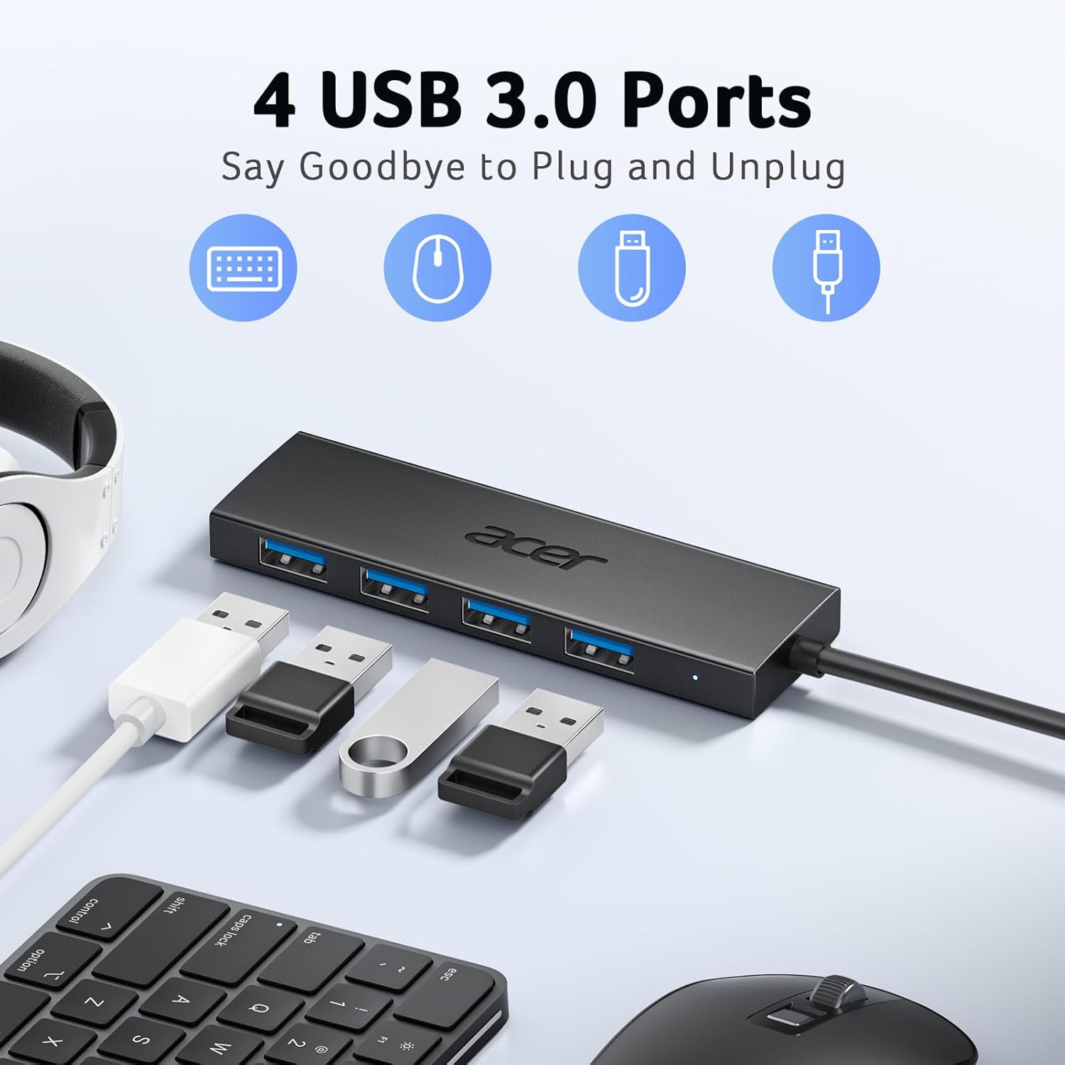 acer USB Hub 3.0, Ultra Slim USB Adapter 4 Ports, Multiport Splitter with Powere...