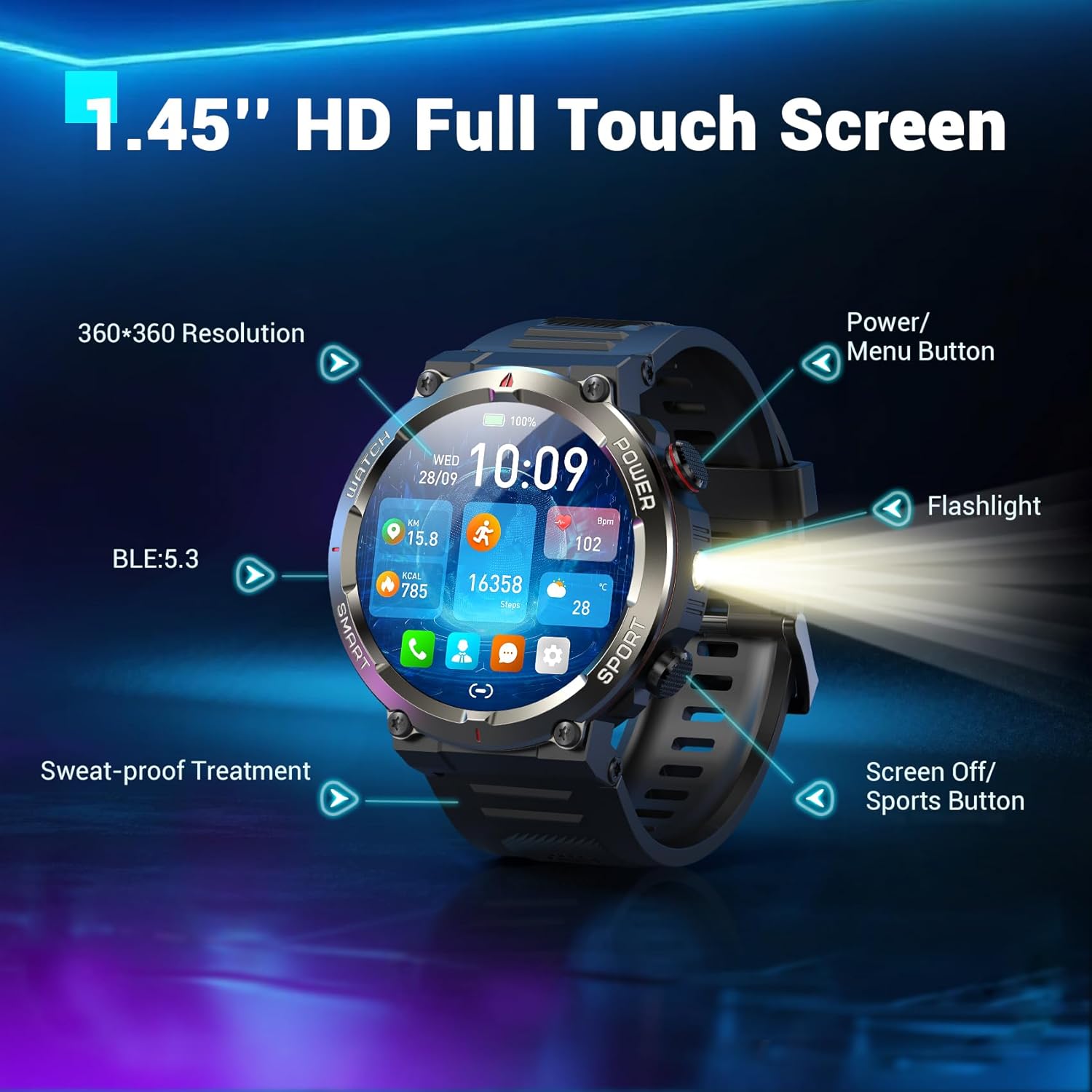 Blackview Military Smart Watch for Men (Answer/Make Calls), 1.45" Fitness Tracke...