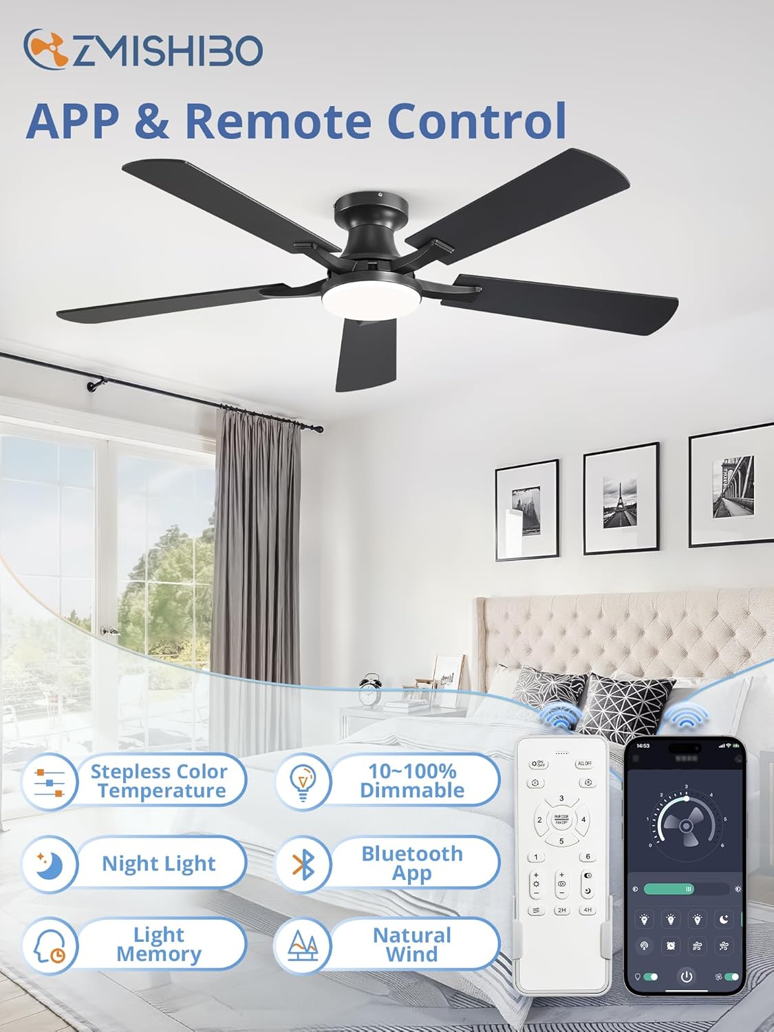 ZMISHIBO 52 Inch Ceiling Fan with Light, App&Remote Control, Flush Mount Low Pro...
