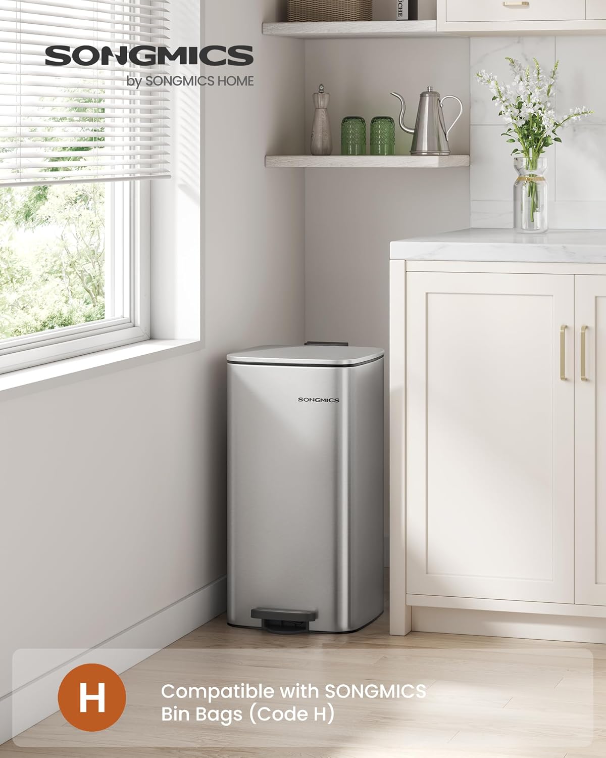 SONGMICS Kitchen Bin, 8-Gallon (30 L) Trash Bin, Stainless Steel Pedal Bin, with...