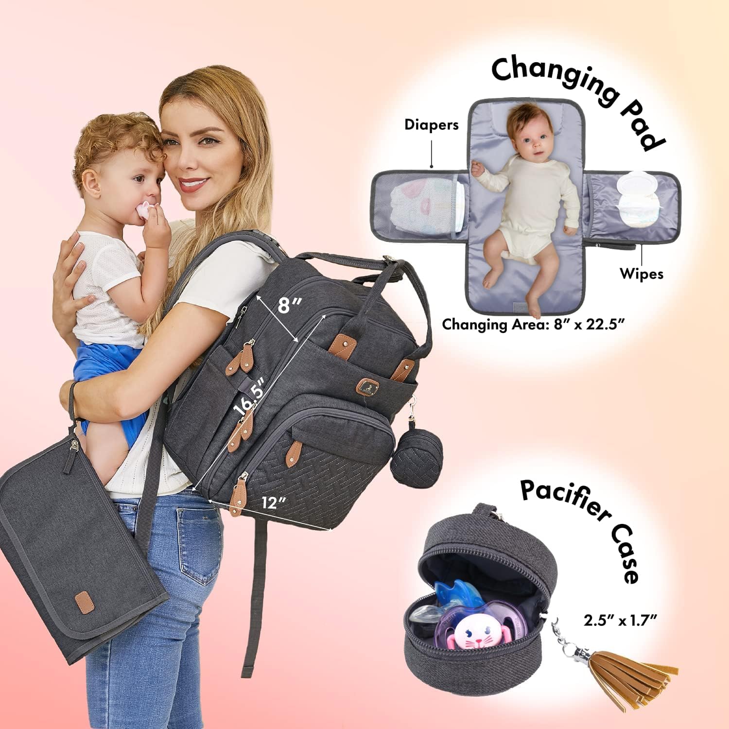 Dikaslon Changing Bag Backpack, Large Nappy Back Pack Multifunction Baby Bags wi...