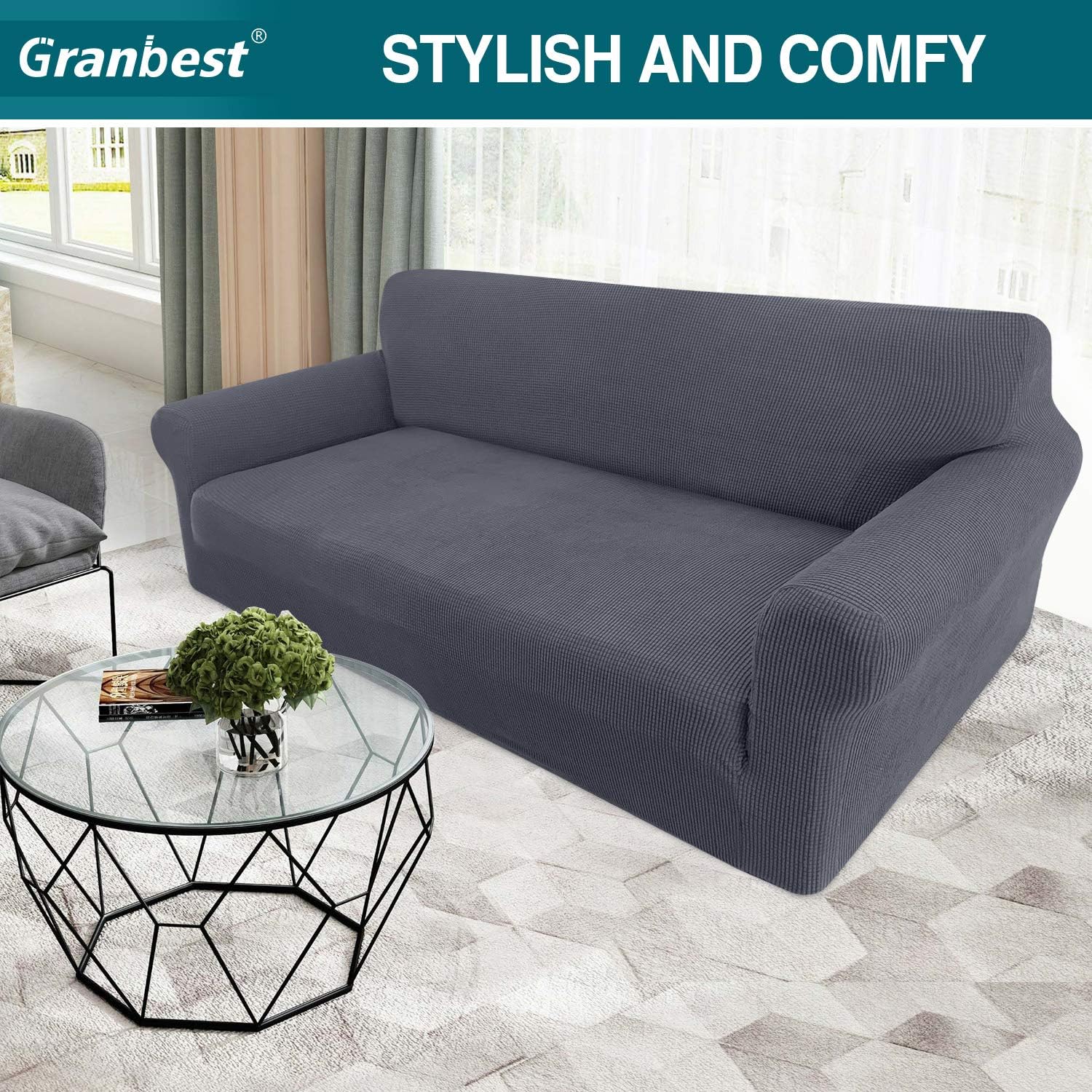 Granbest High Stretch Sofa Covers 3 Seater Super Soft Stylish Couch Covers for D...