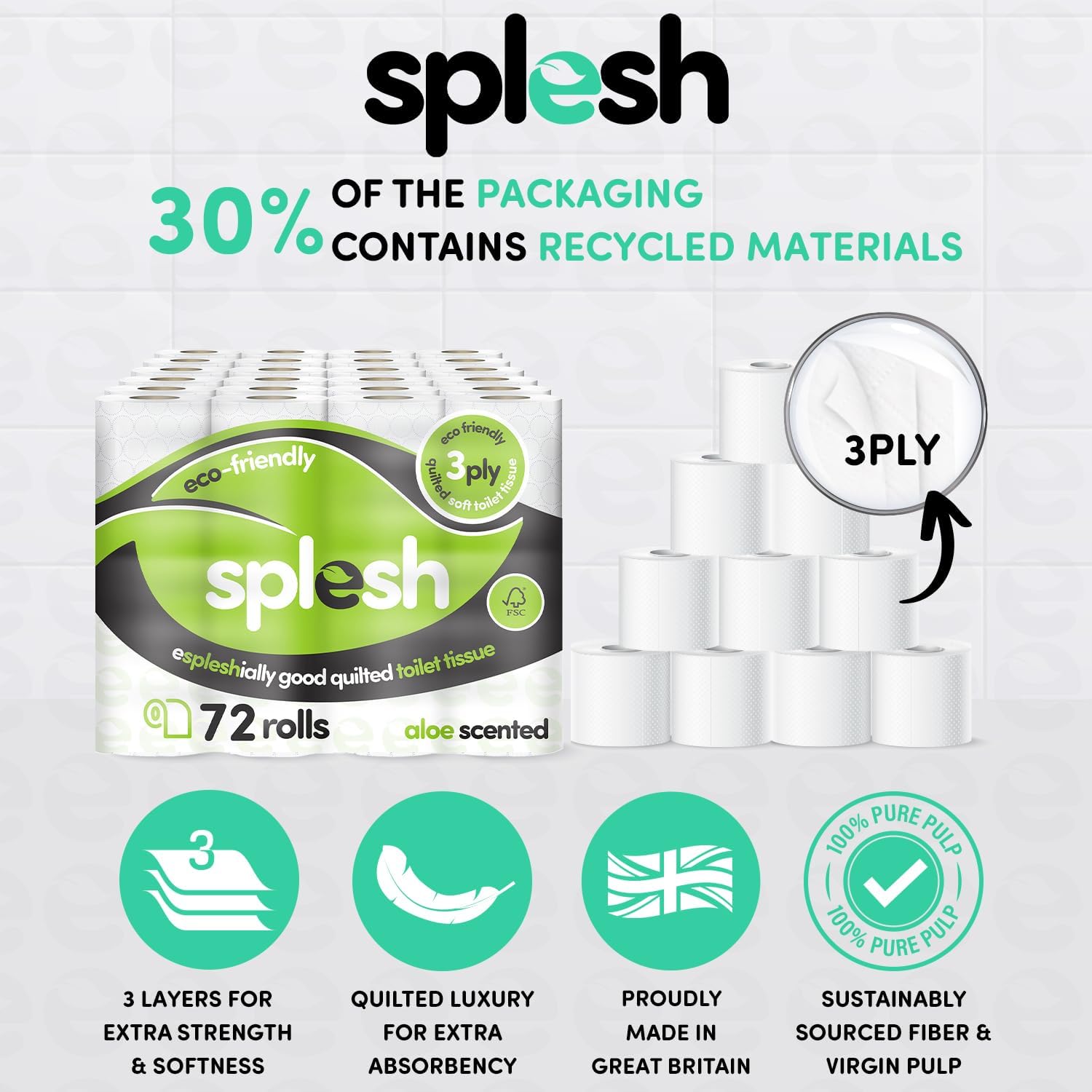 Splesh by Cusheen Toilet Roll 72 Rolls - Aloe Vera Scent Bulk Family Pack | Soft...