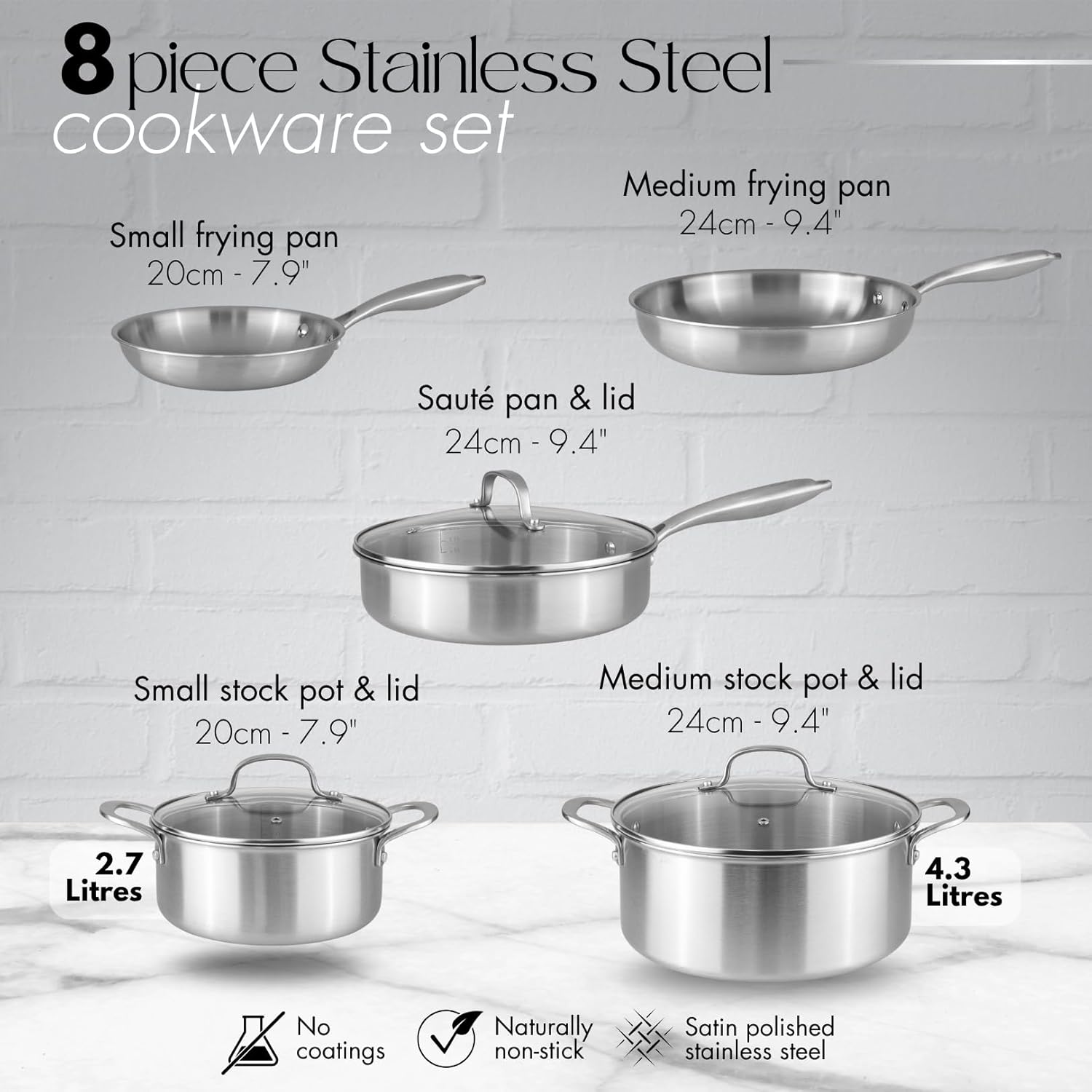 Stainless Steel Pots and Pans Set – 8pcs Cookware with Glass Lids – Induction Ho...