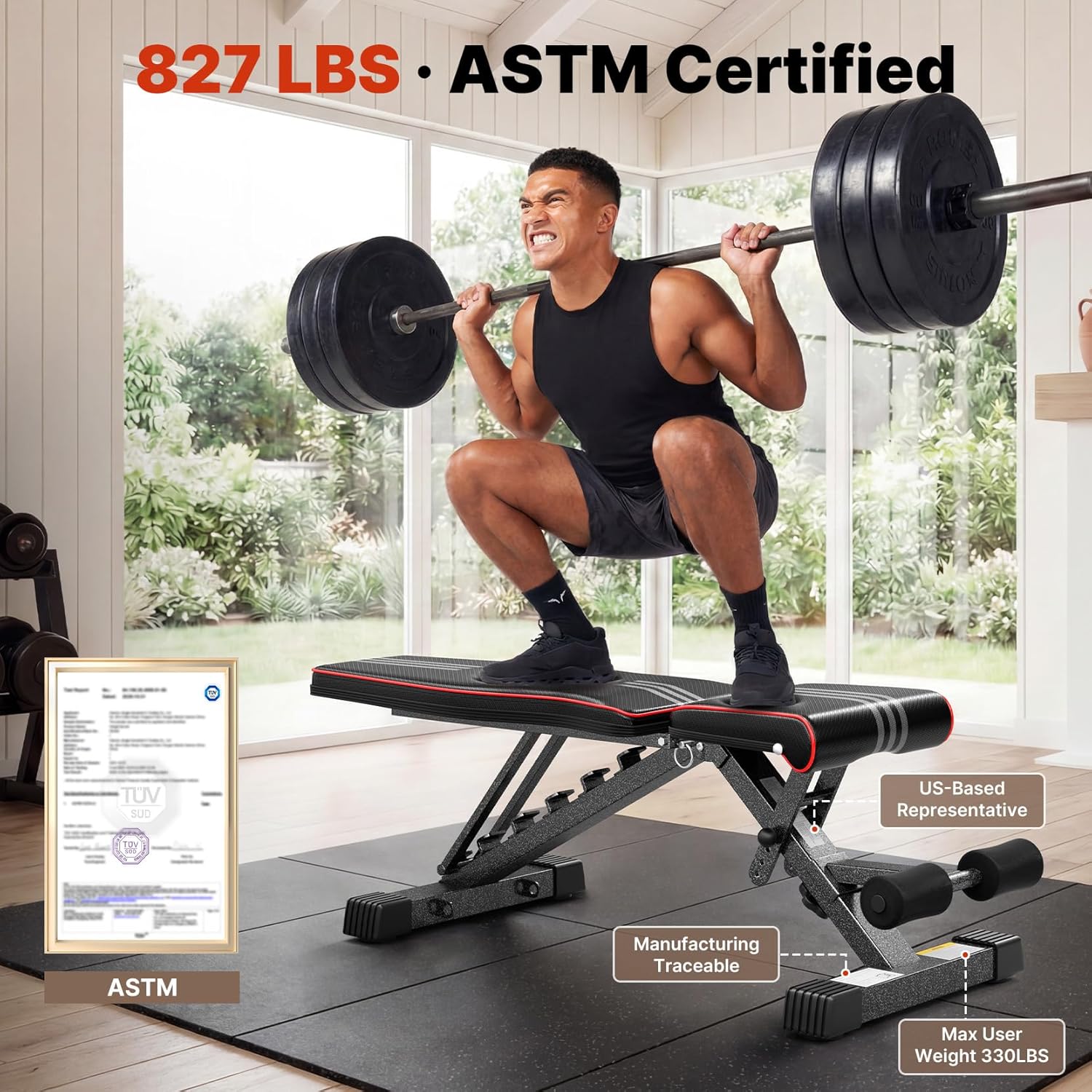 YOLEO Adjustable Weight Bench for Home Gym, ASTM-Certified 827LBS, 98% Pre-Assem...