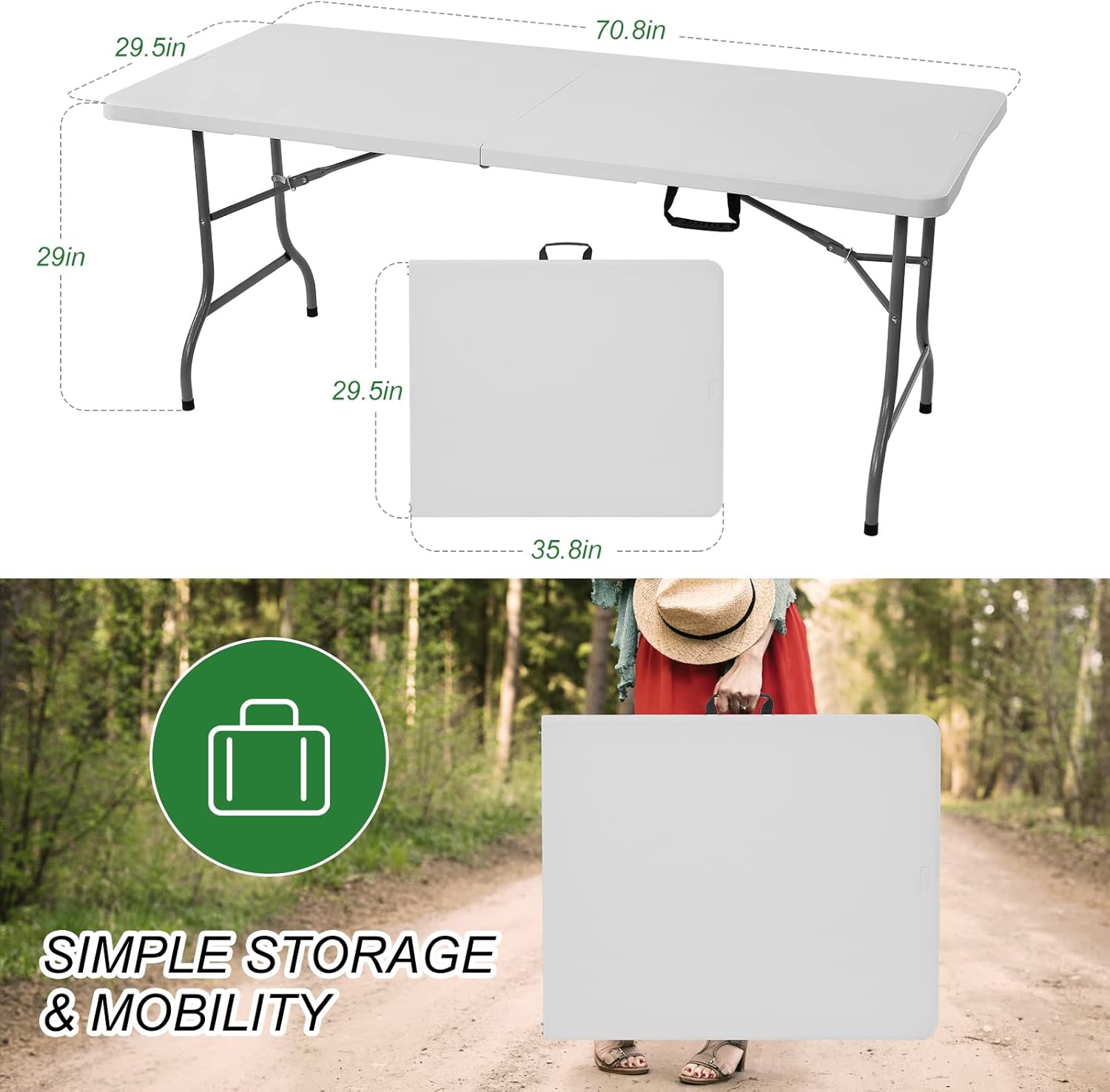 Rainberg 6ft Heavy Duty Folding Table, Tabletop & Sturdy Metal Frame, Foldable T...