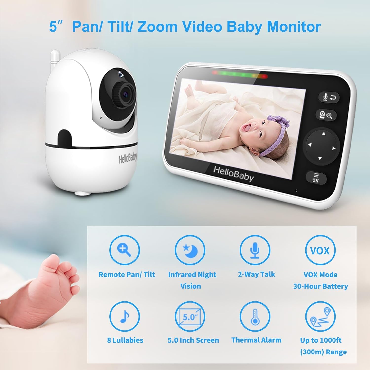 HelloBaby No WiFi Baby Monitor 5" Screen 30-Hour Battery Pan-Tilt-Zoom Video Upg...