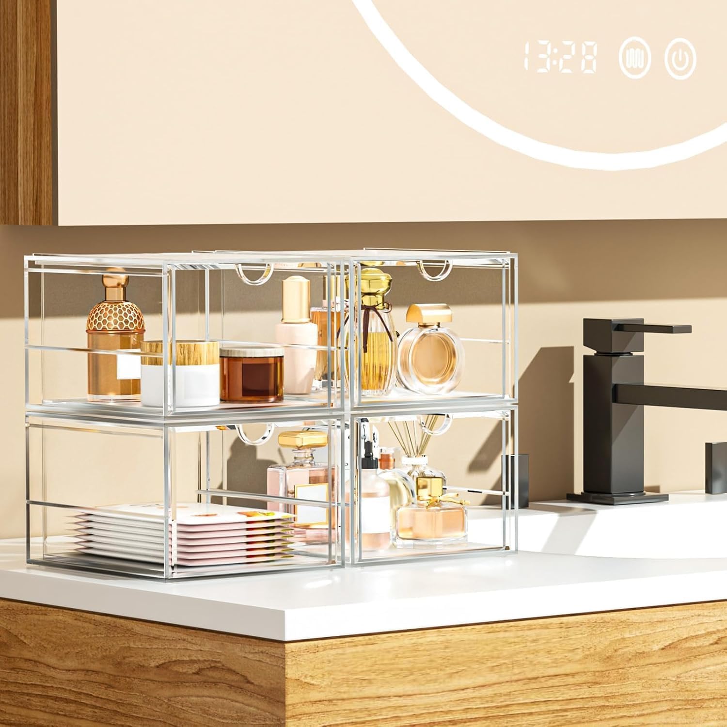 4 Pack Stackable Storage Drawers, Acrylic Cosmetic Drawer, Clear Desk Accessorie...